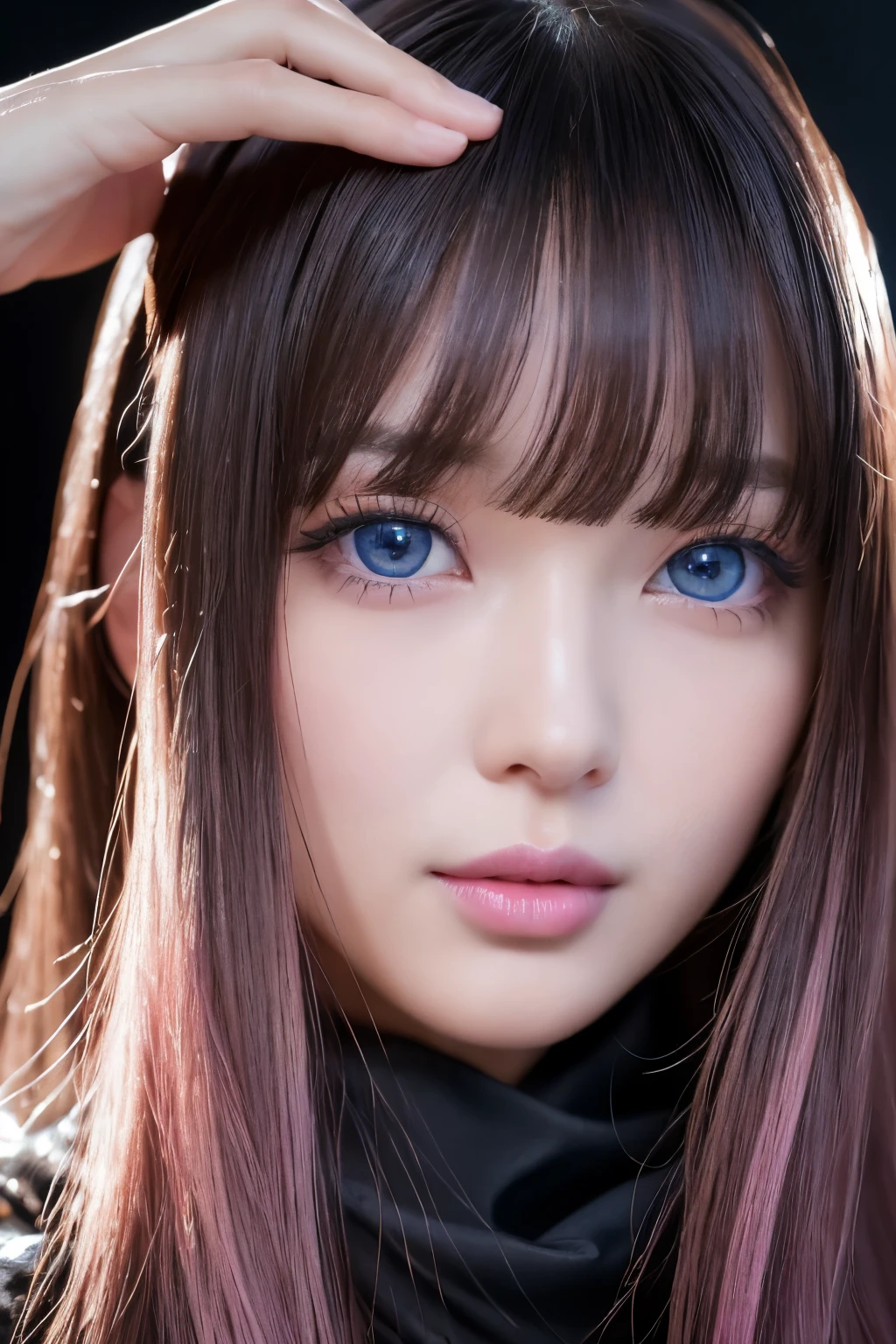 (surreal), (shape), (Improved resolution), (8k), (very detailed), (Best shape), (blue eyes)、(beautiful and detailed eyes), (highest quality), (Super detailed), (masterpiece ), ( wallpaper), (detailed face), (plump lower lip)、alone, 1 girl, looking at the viewer, small details, detailed face, in the dark, deep shadow, private key, Pure erotic face ace_v1, smile, long hair, black shawl straight hair , 46 point diagonal bangs、(big breasts:1.3)、(long hairで胸を隠す:1.5)、(pink lips:1.4)