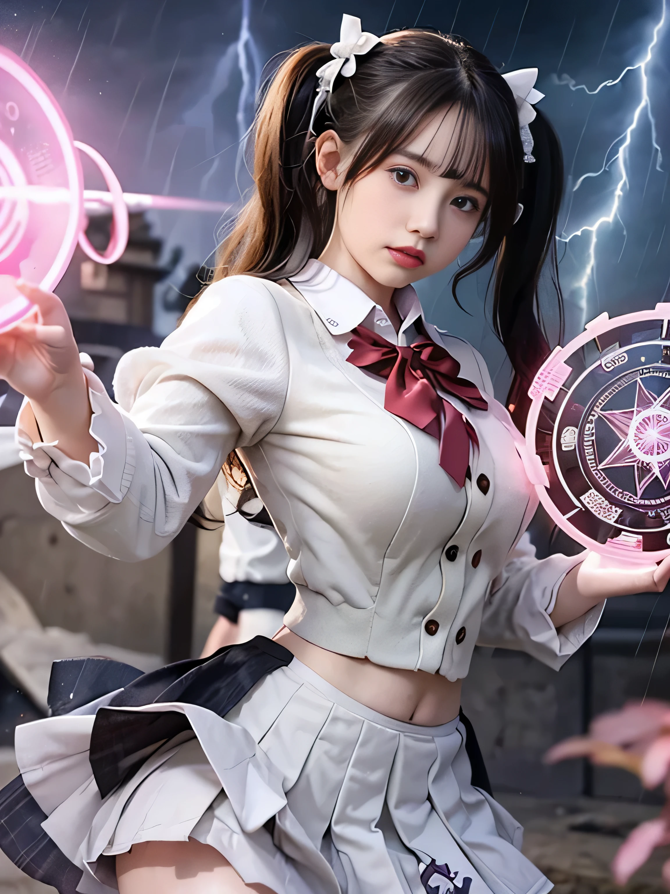 (RAW image quality:1.4)、highest quality、masterpiece、ultra high resolution、(Photoreal:1.4)、RAW photo、Detailed CG image quality、cyber punk、beautiful face、(1 Magical Girl)、16 years old, (black hair with twin tails:1.4), (white ribbon in hair), (platinum silver accessories:1.4)、(white school uniform:1.4)、(big breasts thin waist)、(purple eyes:1.3), (The power of shining eyes:1.2), (There is a white wizard&#39;cane:1.4), ((A ball of strong blue-white light emitted from a staff..:1.4)), (Thunder resounds from every part of my body:1.4)、detailed portrait、8K quality、bright colors、concept art、cinematic and dramatic atmosphere、sharp focus、volume lighting、movie lighting、Get studio quality、(neon lighting)、Depth of written boundary、environmental lighting、(Shallow い depth of writing)、blurred foreground、blurred background:1.3, (Rainy night:1.4), (((Severe lightning strike:1.4))), ((A huge magic circle that glows pink:1.4))、Raging Heart、