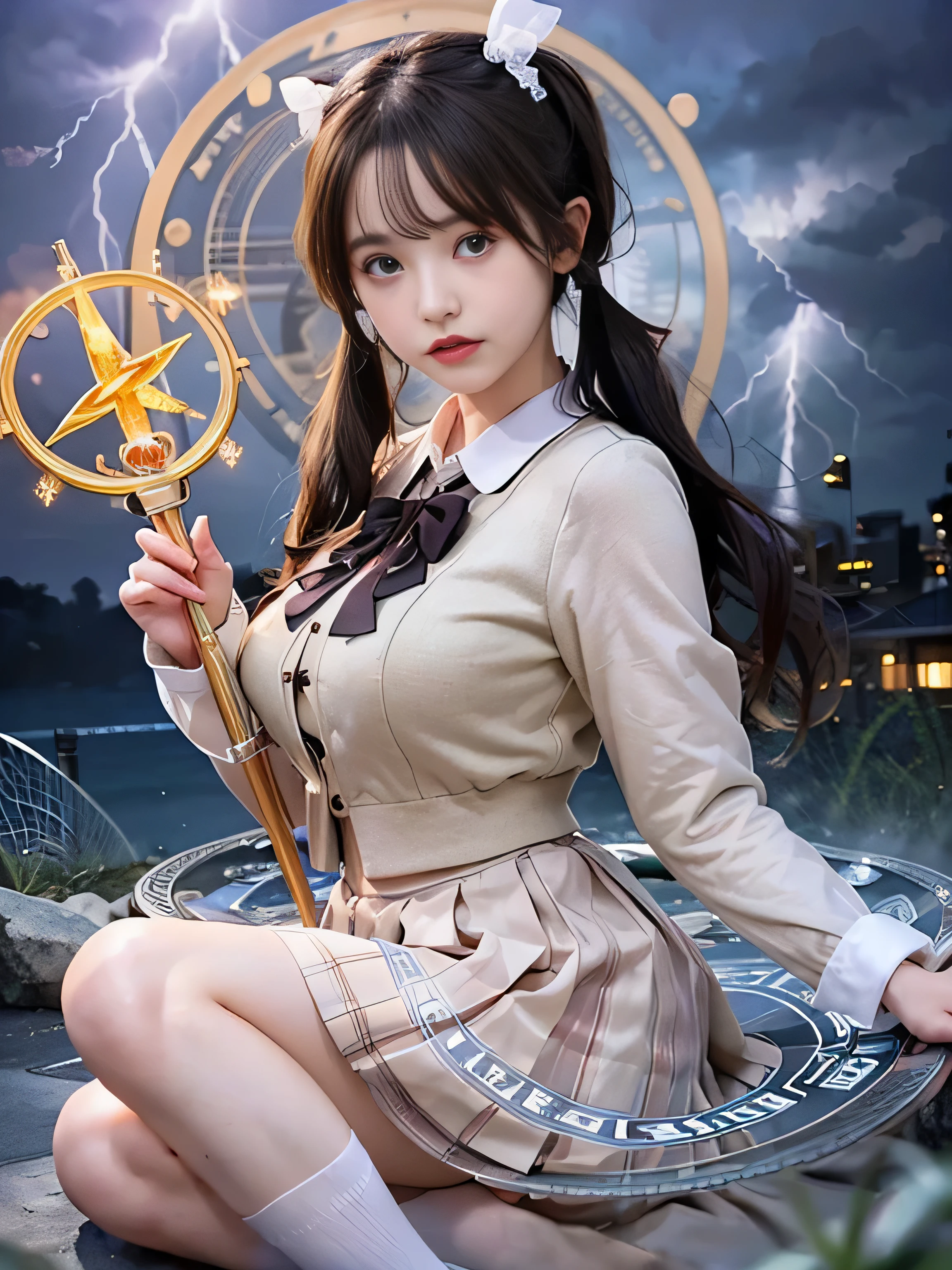 (RAW image quality:1.4)、highest quality、masterpiece、ultra high resolution、(Photoreal:1.4)、RAW photo、Detailed CG image quality、cyber punk、beautiful face、(1 Magical Girl)、16 years old, (black hair with twin tails:1.4), (white ribbon in hair), (platinum silver accessories:1.4)、(white school uniform:1.4)、(big breasts thin waist)、(purple eyes:1.3), (The power of shining eyes:1.2), (There is a white wizard&#39;cane:1.4), ((A ball of strong blue-white light emitted from a staff..:1.4)), (Thunder resounds from every part of my body:1.4)、detailed portrait、8K quality、bright colors、concept art、cinematic and dramatic atmosphere、sharp focus、volume lighting、movie lighting、Get studio quality、(neon lighting)、Depth of written boundary、environmental lighting、(Shallow い depth of writing)、blurred foreground、blurred background:1.3, (Rainy night:1.4), (((Severe lightning strike:1.4))), ((A huge magic circle that glows pink:1.4))、Raging Heart、