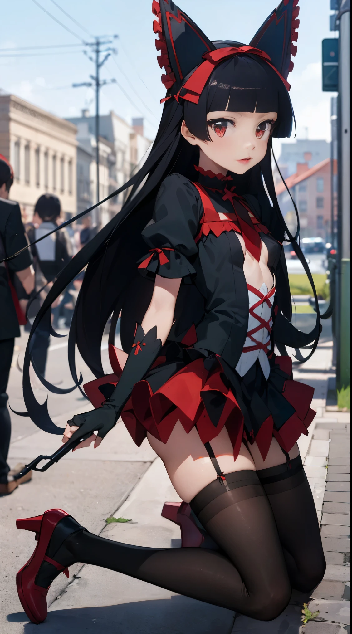 ,(((clothed))),black dress,Rory Mercury, Rory Mercury, black hair, dull bangs, princess cut, hair ornaments, red lipstick, long hair, cute face, compensate, (:1.2), (red eyes:1.5), break Gothic underwear, perfect body (small breasts:1.3) horny,  break in full growth, red shoes, break Black Stockings, Black Gloves break, black thighs, garter strap, gloves, gothic, hair ribbon, gothic fashion, puffy short sleeve, plump sleeves, short sleeve, thighs, thighs,  break of the starry night sky, City of night, break looks at the viewer, break (masterpiece:1.2), highest quality, High resolution, unity 8k wallpaper, (illustration:0.8), (beautiful detailed eyes:1.6), highly detailed face, perfect lighting, Highly detailed CGI, (perfect arms, perfect anatomy),