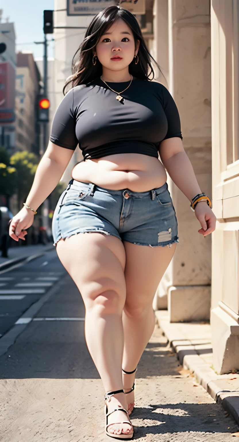 ((best quality)), ((masterpiece)), (detailed), perfect face, araffe woman in a dark-blue shirt and blue denim skirt walking down a street, thicc, she has a jiggly fat round belly, bbwchan, wearing tight simple clothes, skinny waist and thick hips, widest hips, her belly is fat and round, soft curvy shape, hyperrealistic full figure, wearing a cute top, wide hips, wearing 10 bracelet , wearing huge diamond necklace