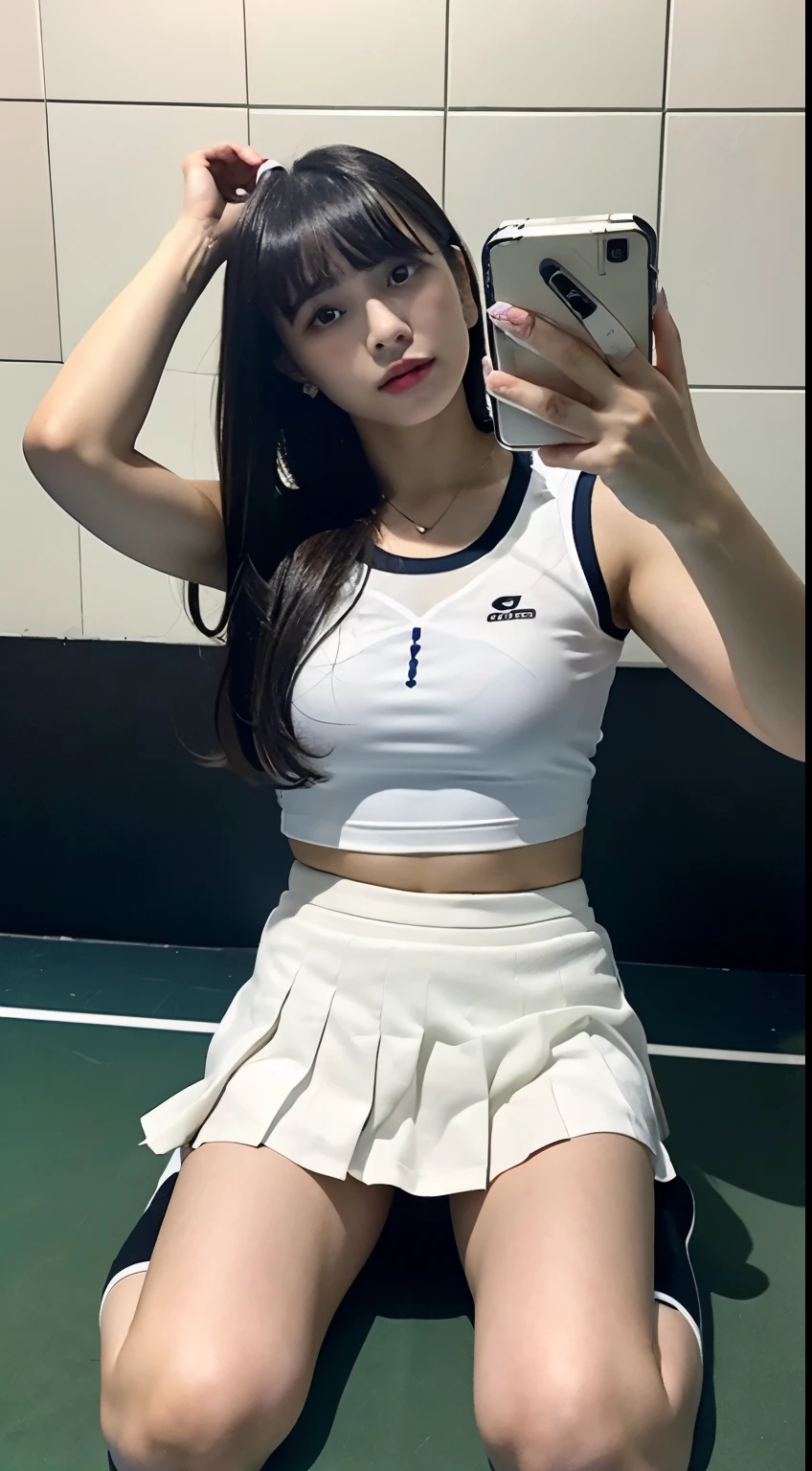 ((realistic lighting, highest quality, 8K, masterpiece, medium shot: 1.3)), clear focus: 1.2, 1 girl, perfect figure: 1.4, plump bust,((long black hair)),((With bangs)),(tennis wear: 1.4), in the gym changing room, sitting on a chair,white ankle-length socks,white sneakers,super fine face, fine eyes, double eyelid,(white pleated mini skirt), (open legs;1.8),Standing on one knee,white panties exposed,He has a black smartphone in his right hand.,Taking a selfie with his arm outstretched holding his smartphone,Your face is hidden by your smartphone,left hand is on the floor