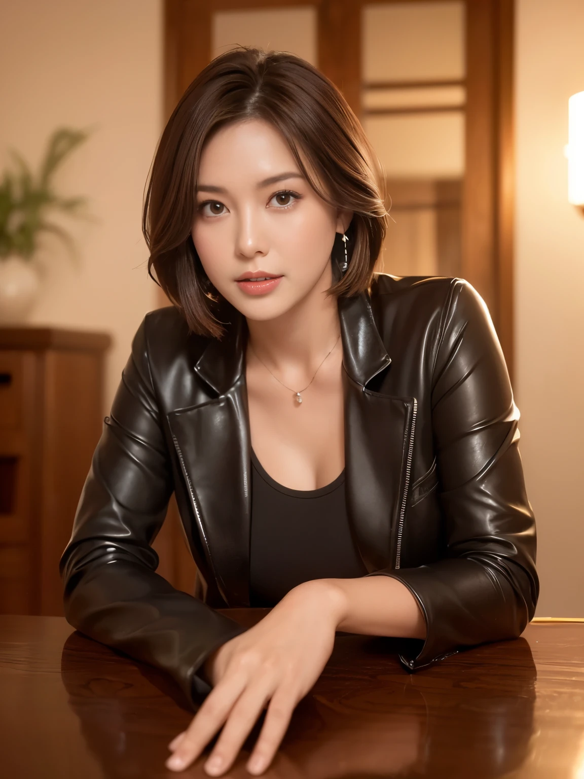 one mature woman、38 years old、Japanese,blush,look at the audience,(black jacket),(genuine leather pants),Wet, shiny face,Wetような艶肌,Wetような光沢のある服,wet hair,flower,hairpin,shortcut,necklace,earrings,normal sized breasts,,written boundary depth,尖ったred mouth,(Her short reddish-brown hair has a wet shine.),red mouth,clavicle,beautiful fingers,full body portrait,Wet顔がかわいい,(Photoreal:1.3),(RAW photo), (table top,highest quality,Ultra high resolution output image), (8K quality),(Image mode Ultra HD), black hair, solid circle eye, light smile, brown hair, short hair, bob cut, I opened my eyes, surrealism, cast a shadow, anaglyph, stereogram, tachi-e, throw, atmospheric perspective, cinematic lighting, nikon, 8k, Super detailed, Accurate, highest quality, rough skin, anatomically correct, masterpiece