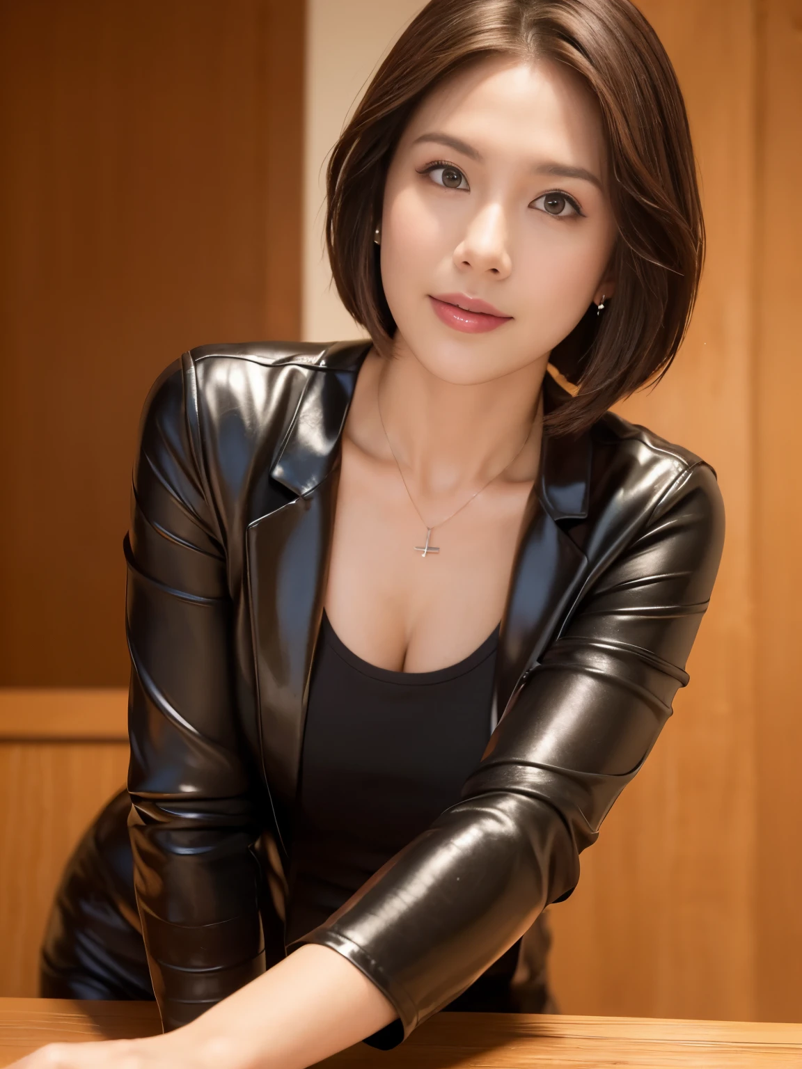 one mature woman、38 years old、Japanese,blush,look at the audience,(black jacket),(genuine leather pants),Wet, shiny face,Wetような艶肌,Wetような光沢のある服,wet hair,flower,hairpin,shortcut,necklace,earrings,normal sized breasts,,written boundary depth,尖ったred mouth,(Her short reddish-brown hair has a wet shine.),red mouth,clavicle,beautiful fingers,full body portrait,Wet顔がかわいい,(Photoreal:1.3),(RAW photo), (table top,highest quality,Ultra high resolution output image), (8K quality),(Image mode Ultra HD), black hair, solid circle eye, light smile, brown hair, short hair, bob cut, I opened my eyes, surrealism, cast a shadow, anaglyph, stereogram, tachi-e, throw, atmospheric perspective, cinematic lighting, nikon, 8k, Super detailed, Accurate, highest quality, rough skin, anatomically correct, masterpiece