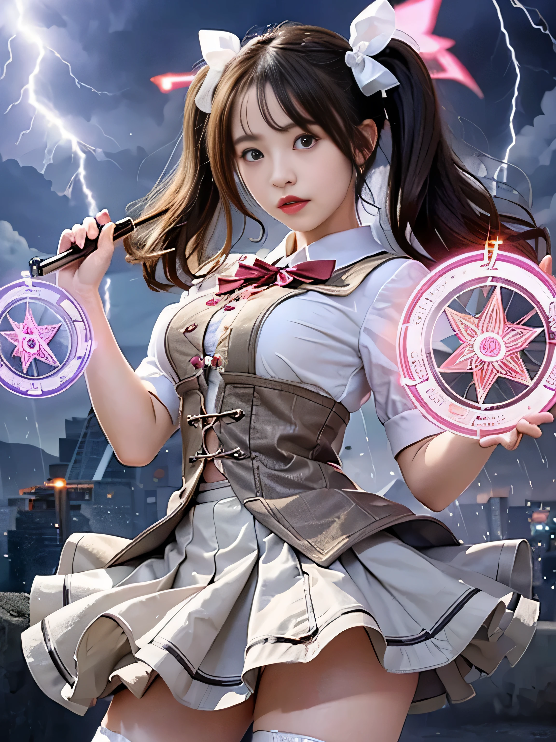 (RAW image quality:1.4)、highest quality、masterpiece、ultra high resolution、(Photoreal:1.4)、RAW photo、Detailed CG image quality、cyber punk、beautiful face、(1 Magical Girl)、16 years old, (black hair with twin tails:1.4), (white ribbon in hair), (platinum silver accessories:1.4)、(white school uniform:1.4)、(big breasts thin waist)、(purple eyes:1.3), (The power of shining eyes:1.2), (There is a white wizard&#39;cane:1.4), ((A ball of strong blue-white light emitted from a staff..:1.4)), (Thunder resounds from every part of my body:1.4)、detailed portrait、8K quality、bright colors、concept art、cinematic and dramatic atmosphere、sharp focus、volume lighting、movie lighting、Get studio quality、(neon lighting)、Depth of written boundary、environmental lighting、(Shallow い depth of writing)、blurred foreground、blurred background:1.3, (Rainy night:1.4), (((Severe lightning strike:1.4))), ((A huge magic circle that glows pink:1.4))、Raging Heart、Random Battle Pose、