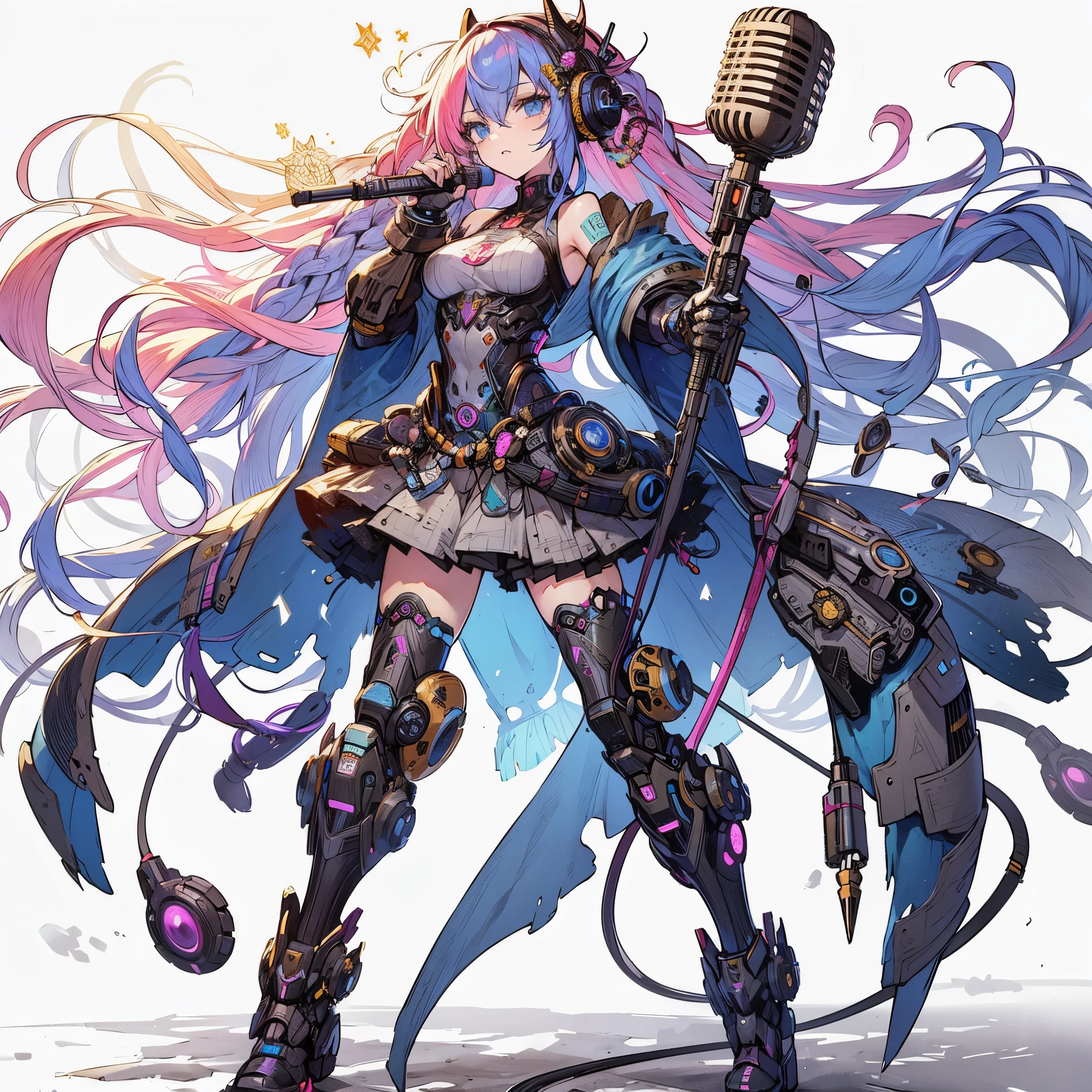 (Masterpiece, top quality), (perfect athlete body: 1.2), (detailed hair), ultra detailed, anime style, full body, solo, Cyberpunk magical girl, colorful hair in a single braid, armored magical diva outfit, raise up mechanical microphone weapon, wearing hi-tech boots, standing wasteland, white background, whole body,