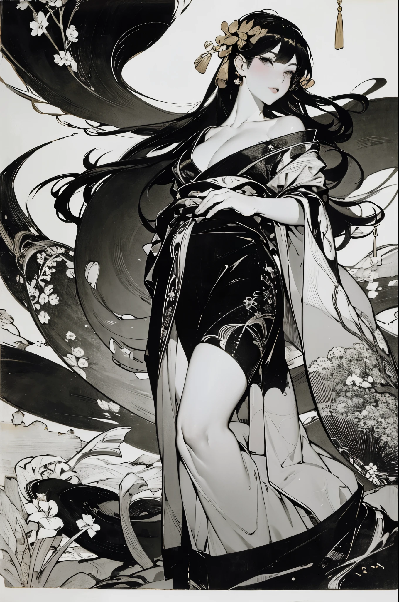 Umalinda warrior sexy, pretty face, Delicious Company, Alluring figure, Wearing a sexy open kimono. The artwork is created in a medium reminiscent of Japanese ink paintings....., 具有大胆的笔触和Monochromatic color palette. artist'Masterful technique reveals the intensity and power of the image'sense of presence,with the highest quality, Perfectly capture every detail with ultra-high resolution. Textures and intricate patterns on kimonos are rendered with extreme precision. Lighting is carefully designed,Enhance drama, Features deep shadows and subtle highlights. General, The artwork exudes elegance and power, Combining traditional Japanese aesthetics with a modern feel. Monochromatic color palette, Combine details, Create captivating and immersive experiences for your audience.