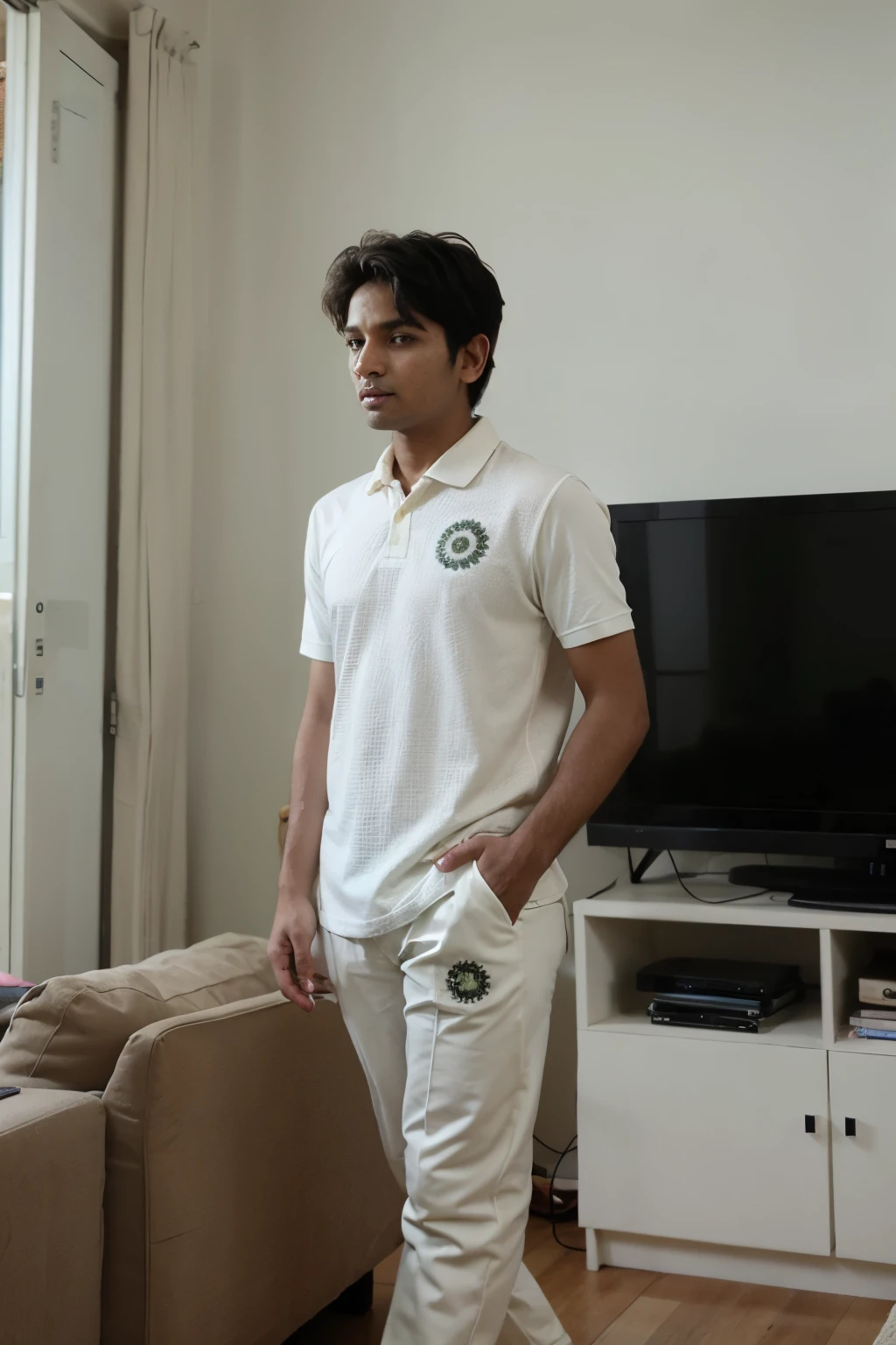 A boy wear indian cricket kit watching tv
