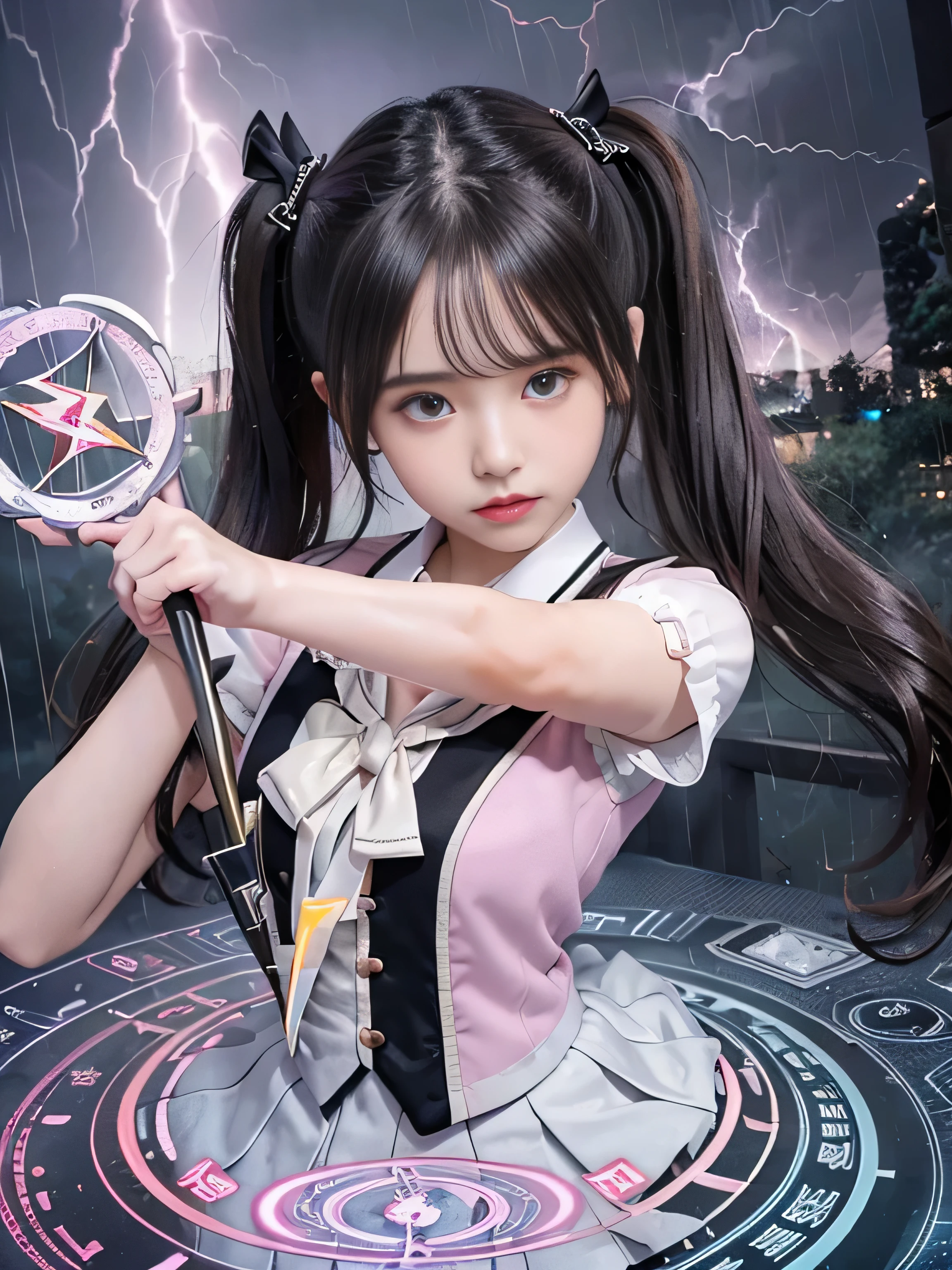 (RAW image quality:1.4)、highest quality、masterpiece、ultra high resolution、(Photoreal:1.4)、RAW photo、Detailed CG image quality、cyber punk、beautiful face、(1 Magical Girl)、16 years old, (black hair with twin tails:1.4), (white ribbon in hair), (platinum silver accessories:1.4)、(white school uniform:1.4)、(big breasts thin waist)、(purple eyes:1.3), (The power of shining eyes:1.2), (There is a white wizard&#39;cane:1.4), ((A ball of strong blue-white light emitted from a staff..:1.4)), (Thunder resounds from every part of my body:1.4)、detailed portrait、8K quality、bright colors、concept art、cinematic and dramatic atmosphere、sharp focus、volume lighting、movie lighting、Get studio quality、(neon lighting)、Depth of written boundary、environmental lighting、(Shallow い depth of writing)、blurred foreground、blurred background:1.3, (Rainy night:1.4), (((Severe lightning strike:1.4))), ((A huge magic circle that glows pink:1.4))、Raging Heart、Random Battle Pose、