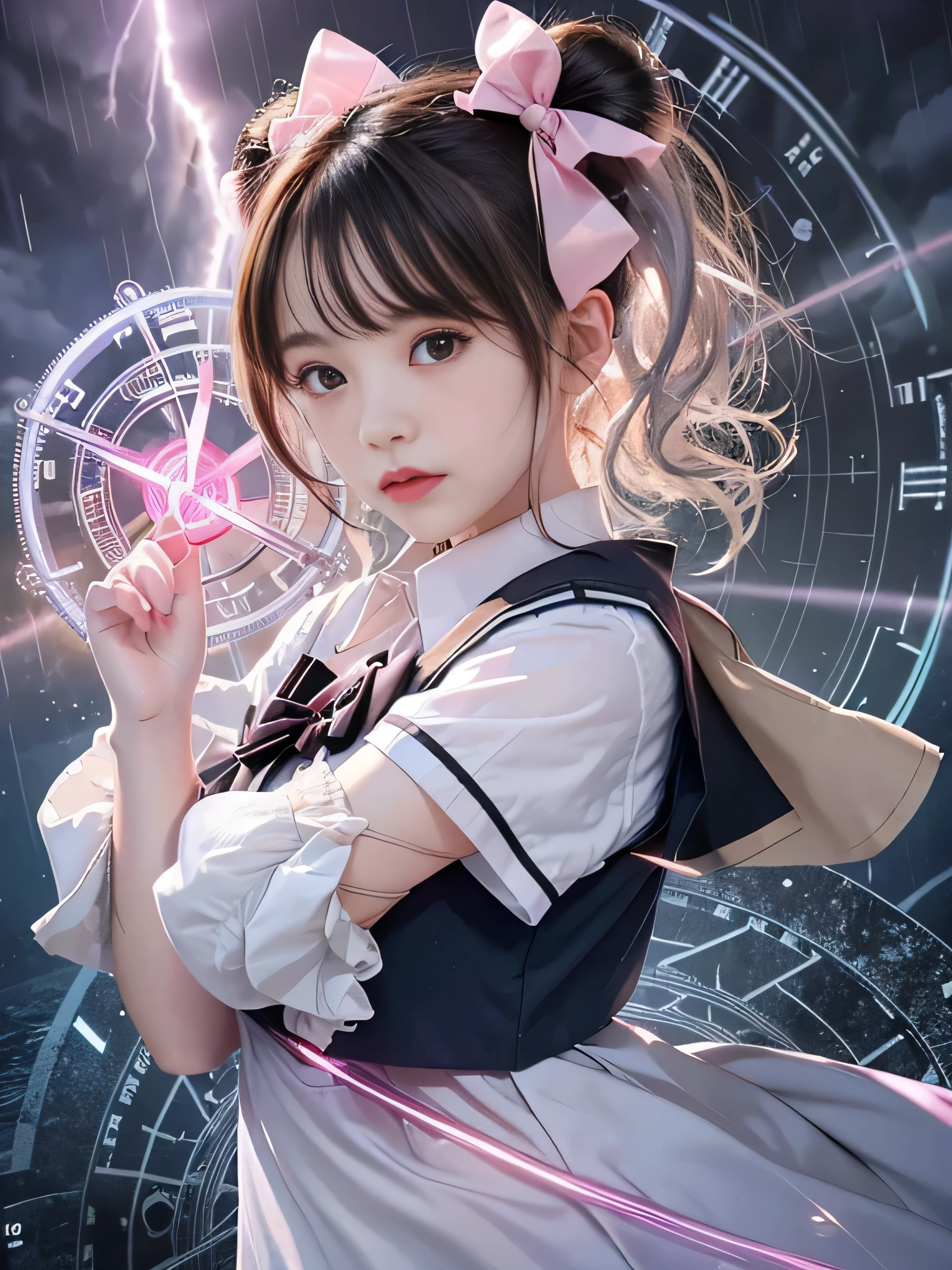 (RAW image quality:1.4)、highest quality、masterpiece、ultra high resolution、(Photoreal:1.4)、RAW photo、Detailed CG image quality、cyber punk、beautiful face、(1 Magical Girl)、16 years old, (black hair with twin tails:1.4), (white ribbon in hair), (platinum silver accessories:1.4)、(white school uniform:1.4)、(big breasts thin waist)、(purple eyes:1.3), (The power of shining eyes:1.2), (There is a white wizard&#39;cane:1.4), ((A ball of strong blue-white light emitted from a staff..:1.4)), (Thunder resounds from every part of my body:1.4)、detailed portrait、8K quality、bright colors、concept art、cinematic and dramatic atmosphere、sharp focus、volume lighting、movie lighting、Get studio quality、(neon lighting)、Depth of written boundary、environmental lighting、(Shallow い depth of writing)、blurred foreground、blurred background:1.3, (Rainy night:1.4), (((Severe lightning strike:1.4))), ((A huge magic circle that glows pink:1.4))、Raging Heart、Random Battle Pose、