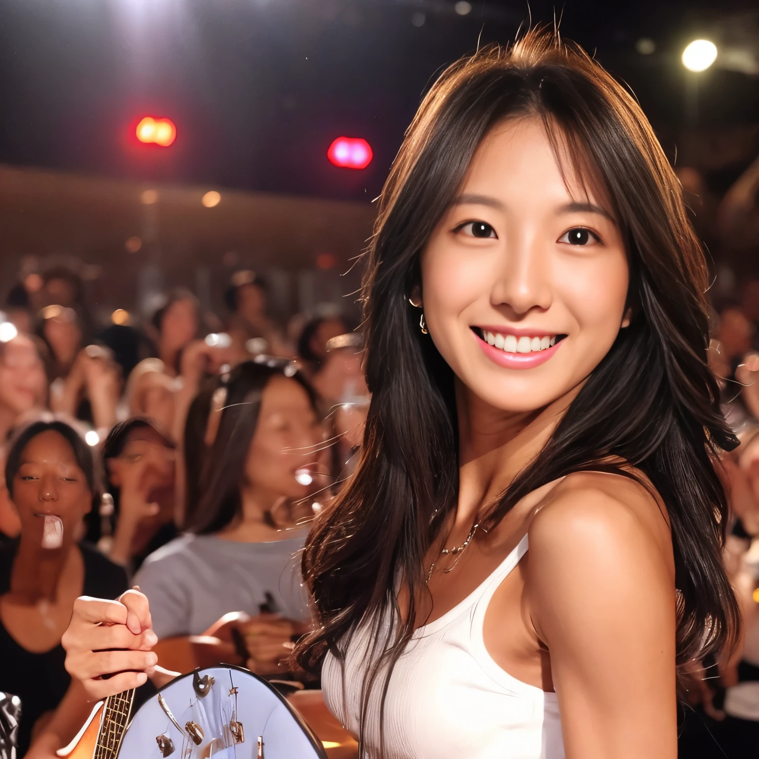 Highest image quality、Realistic、japanese woman、Age is around 30 years old、muscular、good physique、tall、tanned skin、D cup bust、beautiful eyes、smile、white tank top、Playing electric guitar、shoulder-length hair、Trendy makeup、concert venue、flashy lighting、illumination