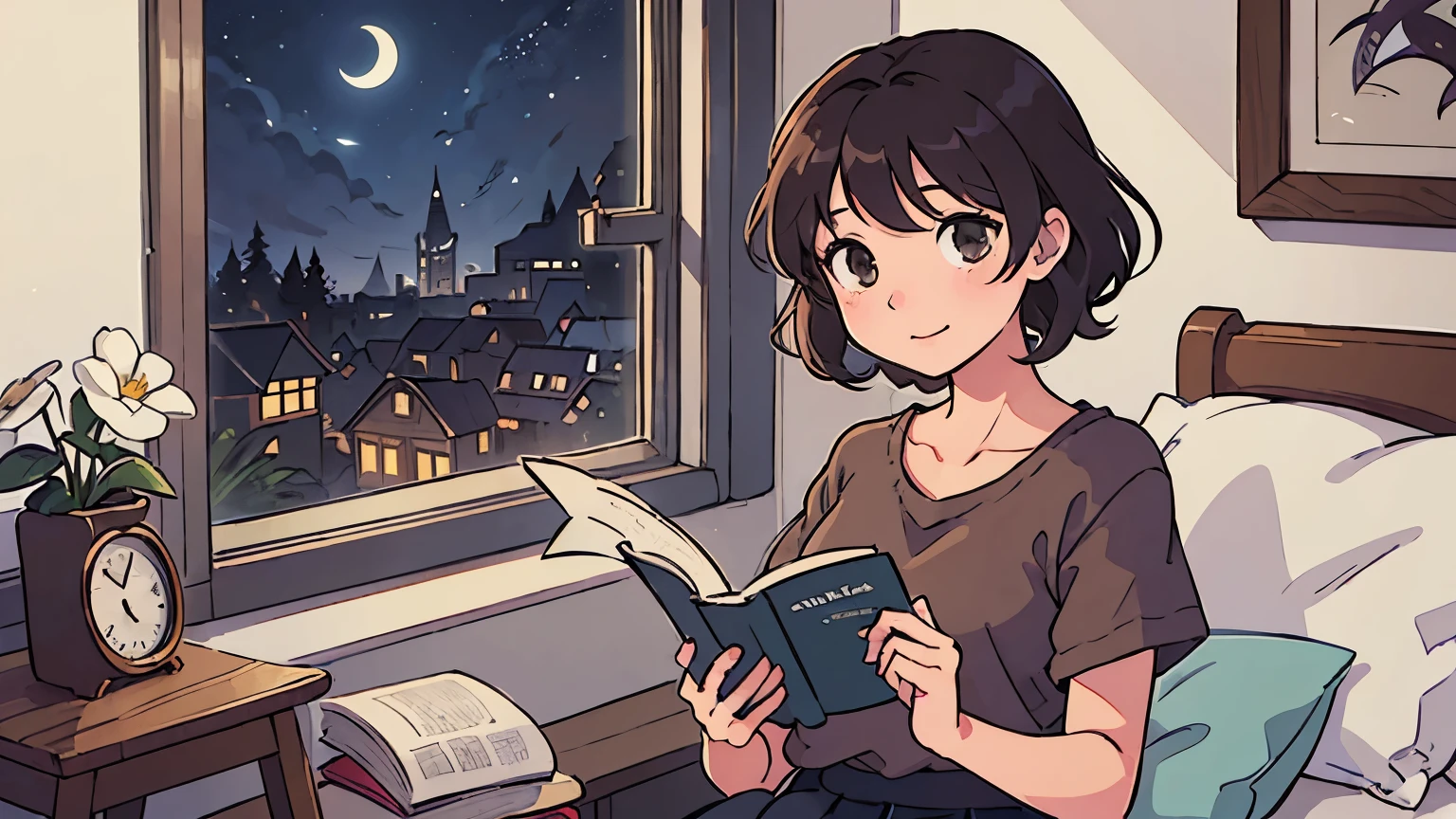 (highest quality:0.8) perfect anime illustration, cute, night、moonlight、window、happy woman with short brown curly hair, Wearing random clothes, skirt I read a book