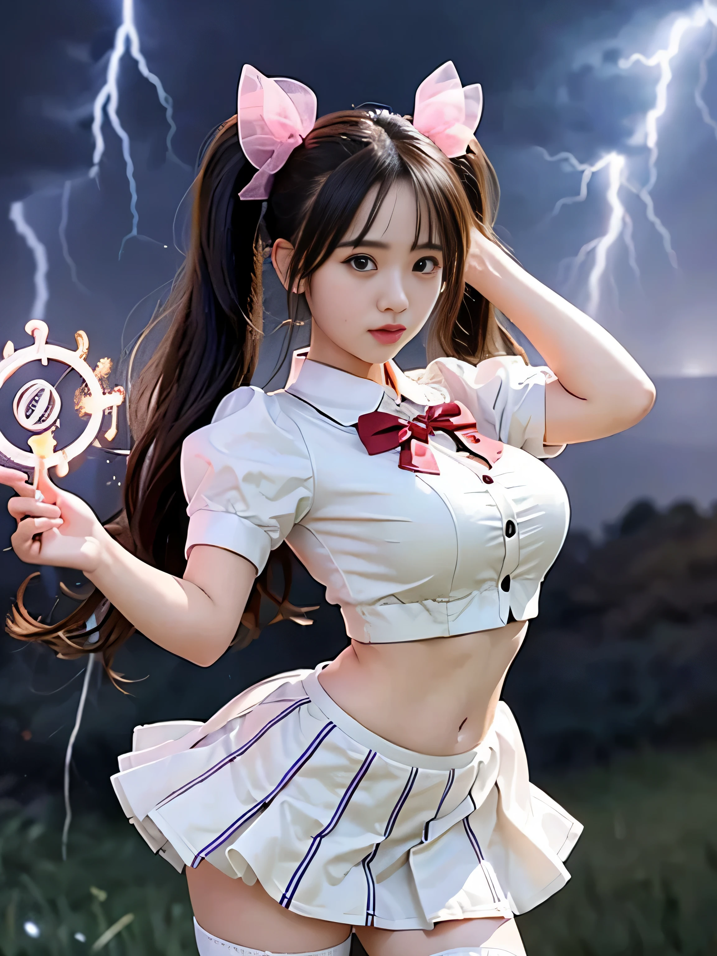 (RAW image quality:1.4)、highest quality、masterpiece、ultra high resolution、(Photoreal:1.4)、RAW photo、Detailed CG image quality、cyber punk、beautiful face、(1 Magical Girl)、16 years old, (black hair with twin tails:1.4), (white ribbon in hair), (platinum silver accessories:1.4)、(white school uniform:1.4)、(big breasts thin waist)、(purple eyes:1.3), (The power of shining eyes:1.2), (There is a white wizard&#39;cane:1.4), ((A ball of strong blue-white light emitted from a staff..:1.4)), (Thunder resounds from every part of my body:1.4)、detailed portrait、8K quality、bright colors、concept art、cinematic and dramatic atmosphere、sharp focus、volume lighting、movie lighting、Get studio quality、(neon lighting)、Depth of written boundary、environmental lighting、(Shallow い depth of writing)、blurred foreground、blurred background:1.3, (Rainy night:1.4), (((Severe lightning strike:1.4))), ((A huge magic circle that glows pink:1.4))、Raging Heart、Random Battle Pose、white panties、