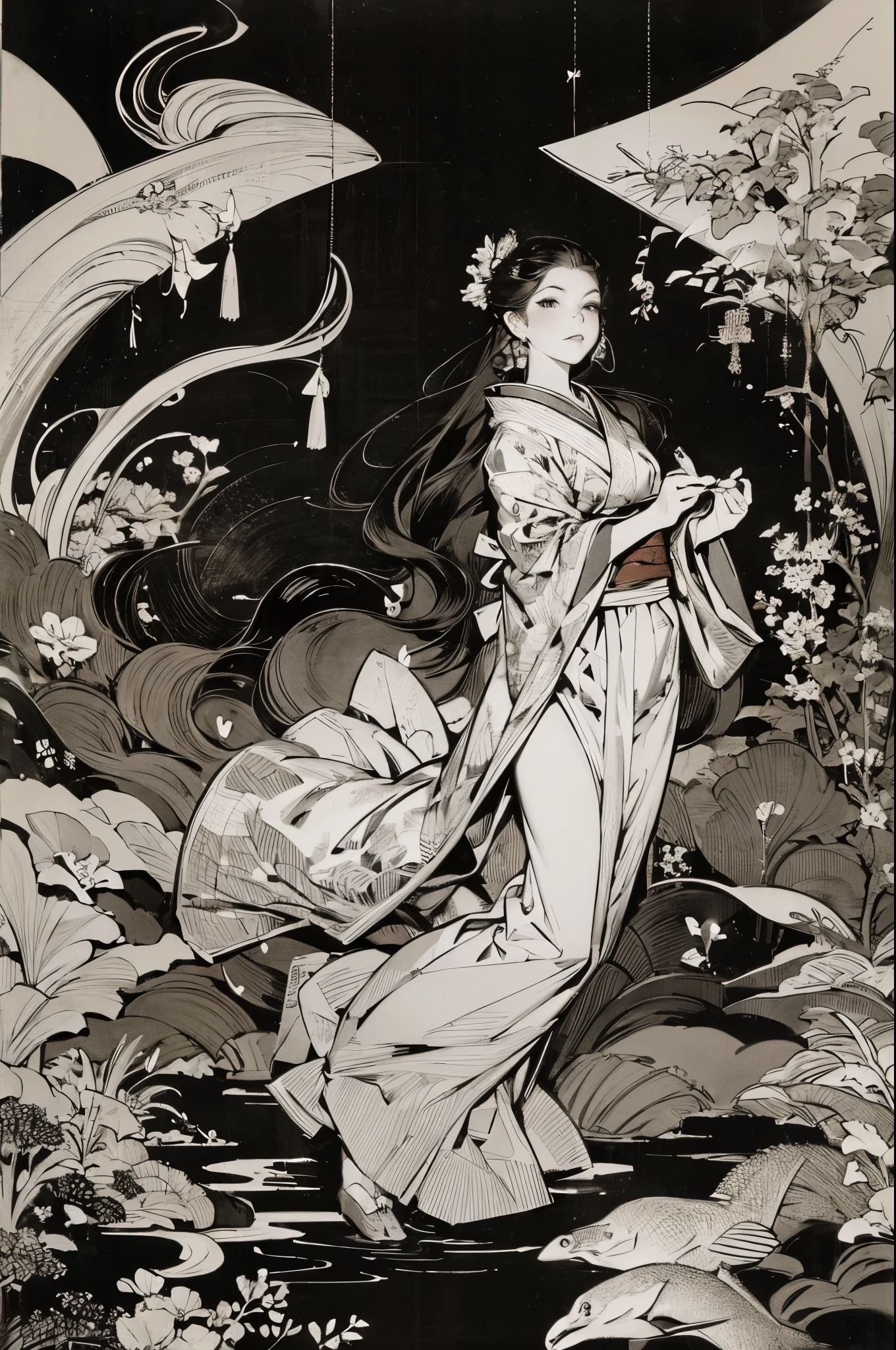 Umalinda warrior sexy, pretty face, Delicious Company, Alluring figure, Wearing a sexy open kimono. The artwork is created in a medium reminiscent of Japanese ink paintings....., 具有大胆的笔触和Monochromatic color palette. artist'Masterful technique reveals the intensity and power of the image'sense of presence,with the highest quality, Perfectly capture every detail with ultra-high resolution. Textures and intricate patterns on kimonos are rendered with extreme precision. Lighting is carefully designed,Enhance drama, Features deep shadows and subtle highlights. General, The artwork exudes elegance and power, Combining traditional Japanese aesthetics with a modern feel. Monochromatic color palette, Combine details, Create captivating and immersive experiences for your audience.