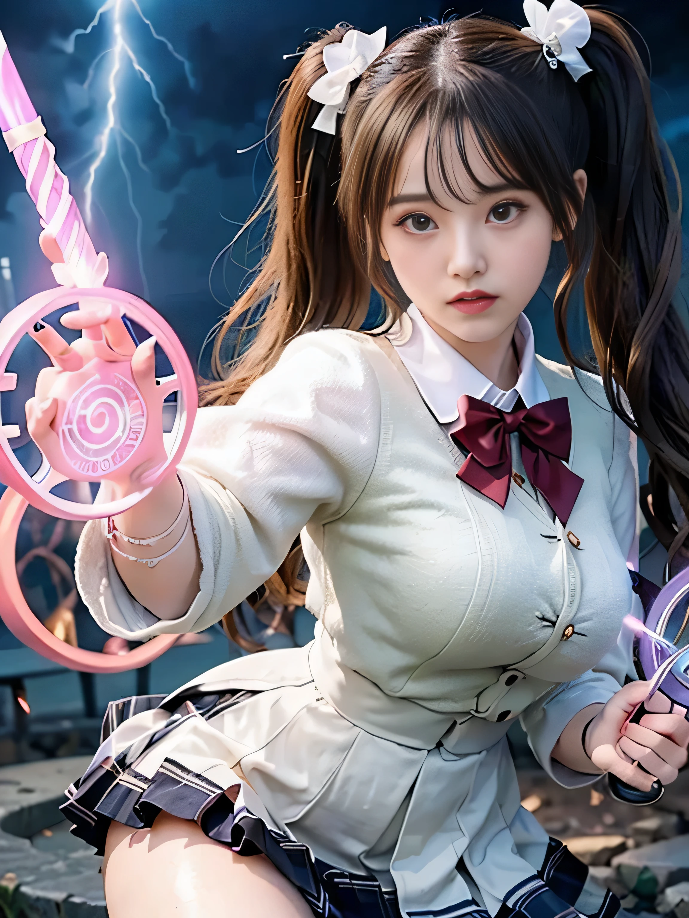 (RAW image quality:1.4)、highest quality、masterpiece、ultra high resolution、(Photoreal:1.4)、RAW photo、Detailed CG image quality、cyber punk、beautiful face、(1 Magical Girl)、16 years old, (black hair with twin tails:1.4), (white ribbon in hair), (platinum silver accessories:1.4)、(white school uniform:1.4)、(big breasts thin waist)、(purple eyes:1.3), (The power of shining eyes:1.2), (There is a white wizard&#39;cane:1.4), ((A ball of strong blue-white light emitted from a staff..:1.4)), (Thunder resounds from every part of my body:1.4)、detailed portrait、8K quality、bright colors、concept art、cinematic and dramatic atmosphere、sharp focus、volume lighting、movie lighting、Get studio quality、(neon lighting)、Depth of written boundary、environmental lighting、(Shallow い depth of writing)、blurred foreground、blurred background:1.3, (Rainy night:1.4), (((Severe lightning strike:1.4))), ((A huge magic circle that glows pink:1.4))、Raging Heart、Random Battle Pose、white panties、