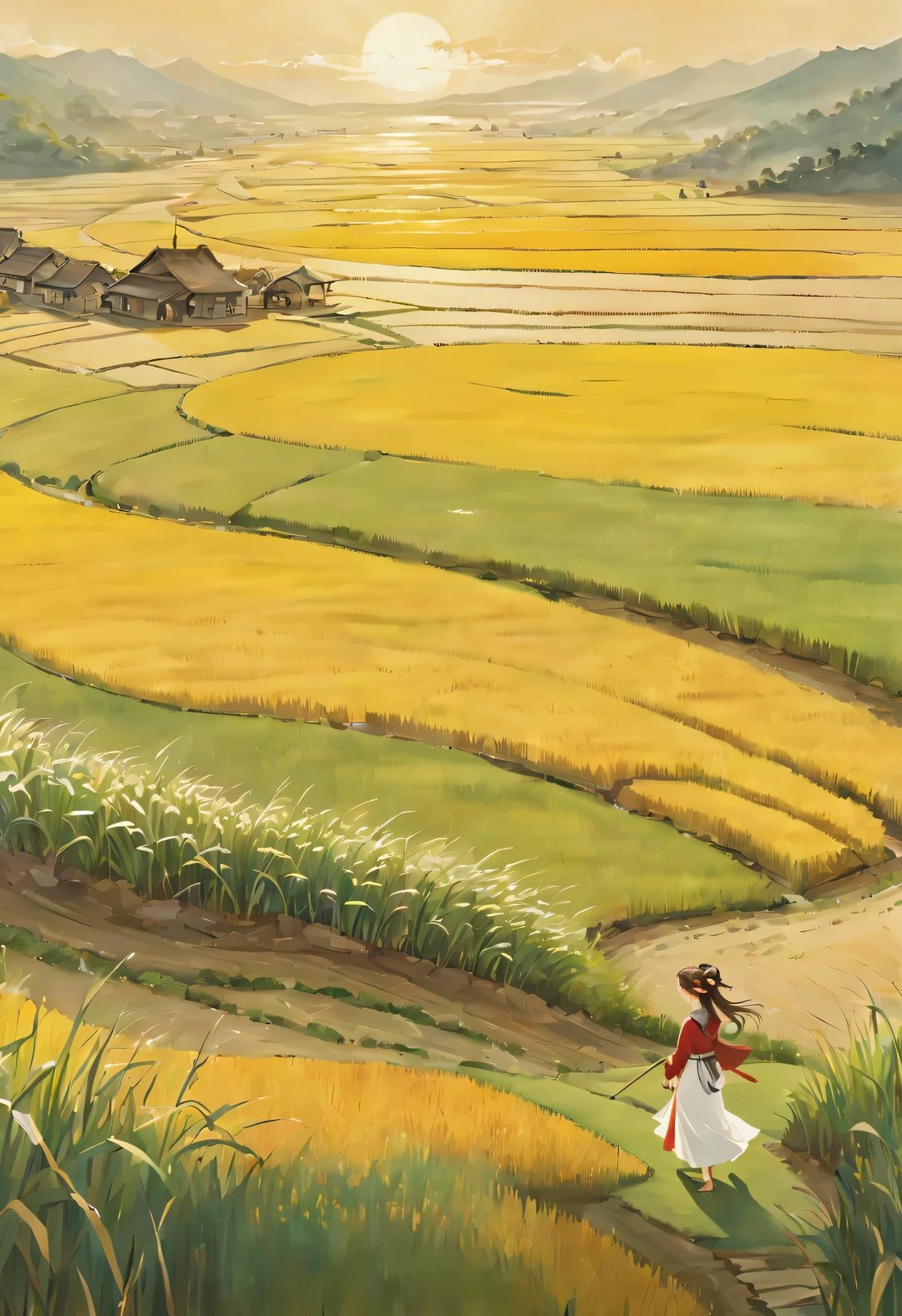 Bird&#39;s eye view digital art, (In the endless rice fields: 1.3), The figure of a  girl stands，long hair，white skirt，bow tie, green, yellow, Kaneko, curry color, A little red, gradient color, A white miniature farmhouse in the distance, breeze blows, Rice swaying in the wind, Sunlight, happy atmosphere, Circles and Rings Stripes Circles and Shapes Stripes, National Geographic National Geographic, annie lebovetz, grey,,A beautiful painting by Wassily Kandinsky,Imagined,Imaginative,Japanese cartoons,romantic atmosphere,high detail,watercolor painting,palette knife painting,comics,artwork,Pixar style,cartoon style,Arte Guélan's artwork,Chinese painting,masterpiece,Line art,Quixel Megascans rendering,octane rendering,depth of field (degrees of ),extreme long shot,flashing light, --original style
