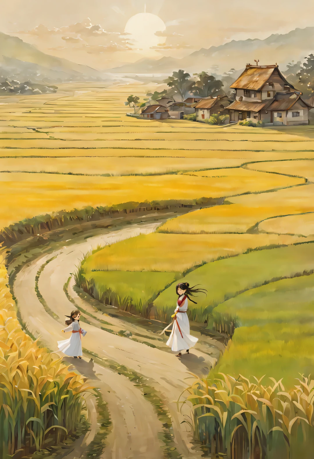 Bird&#39;s eye view digital art, (In the endless rice fields: 1.3), The figure of a little girl stands，long hair，white skirt，bow tie, green, yellow, Kaneko, curry color, A little red, gradient color, A white miniature farmhouse in the distance, breeze blows, Rice swaying in the wind, Sunlight, happy atmosphere, Circles and Rings Stripes Circles and Shapes Stripes, National Geographic National Geographic, annie lebovetz, grey,,A beautiful painting by Wassily Kandinsky,Imagined,Imaginative,Japanese cartoons,romantic atmosphere,high detail,watercolor painting,palette knife painting,comics,artwork,Pixar style,cartoon style,Arte Guélan's artwork,Chinese painting,masterpiece,Line art,Quixel Megascans rendering,octane rendering,depth of field (degrees of ),extreme long shot,flashing light, --original style