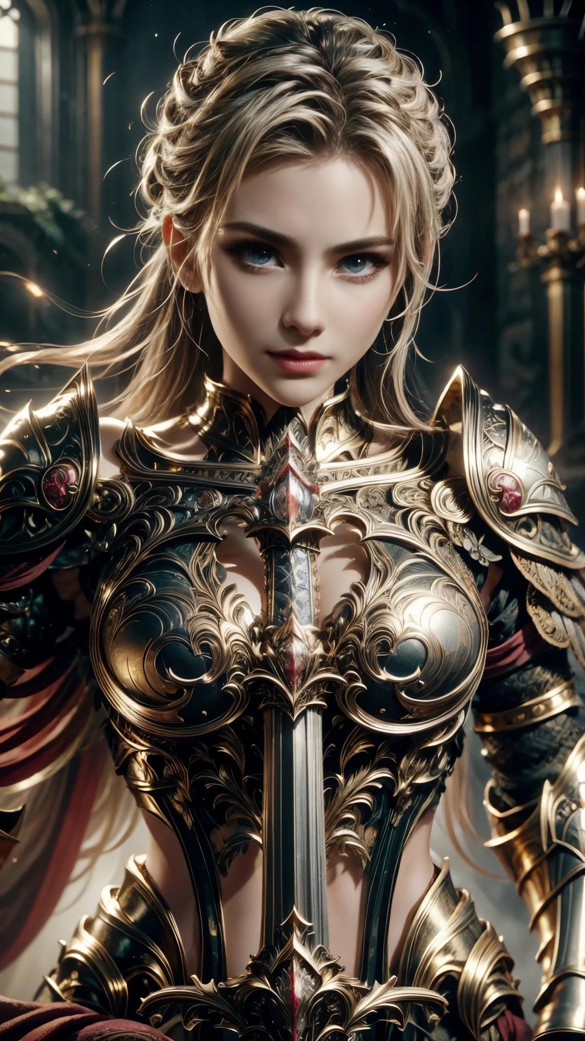 (RAW shooting:1.5, Photoreal:1.5, 8k, highest quality, masterpiece, ultra high resolution), medieval europe, world of magic and swords, perfect dynamic composition:1.2, Mysterious:1.3, Highly detailed skin and facial textures:1.3, cute and sexy slim female warrior, beautiful and aesthetic:1.2, cute and sexy beauty, perfect style:1.1, Grasp the great sword with both hands:1.3, wear elaborate rings, fire, water, Wind, thunder, ice, Fair skin, very beautiful face, (Medium chest, Chest gap), (embarrassing smile, The expression on your face when you feel intense caress, Facial expression when feeling pleasure), (Shiny sexy gold metallic armor:1.1, off shoulder, Navel exposure), (beautiful blue eyes, Eyes that feel beautiful eros:0.8), (Too erotic:0.9, Bewitching:0.9), full body shot, Ancient castle in the background