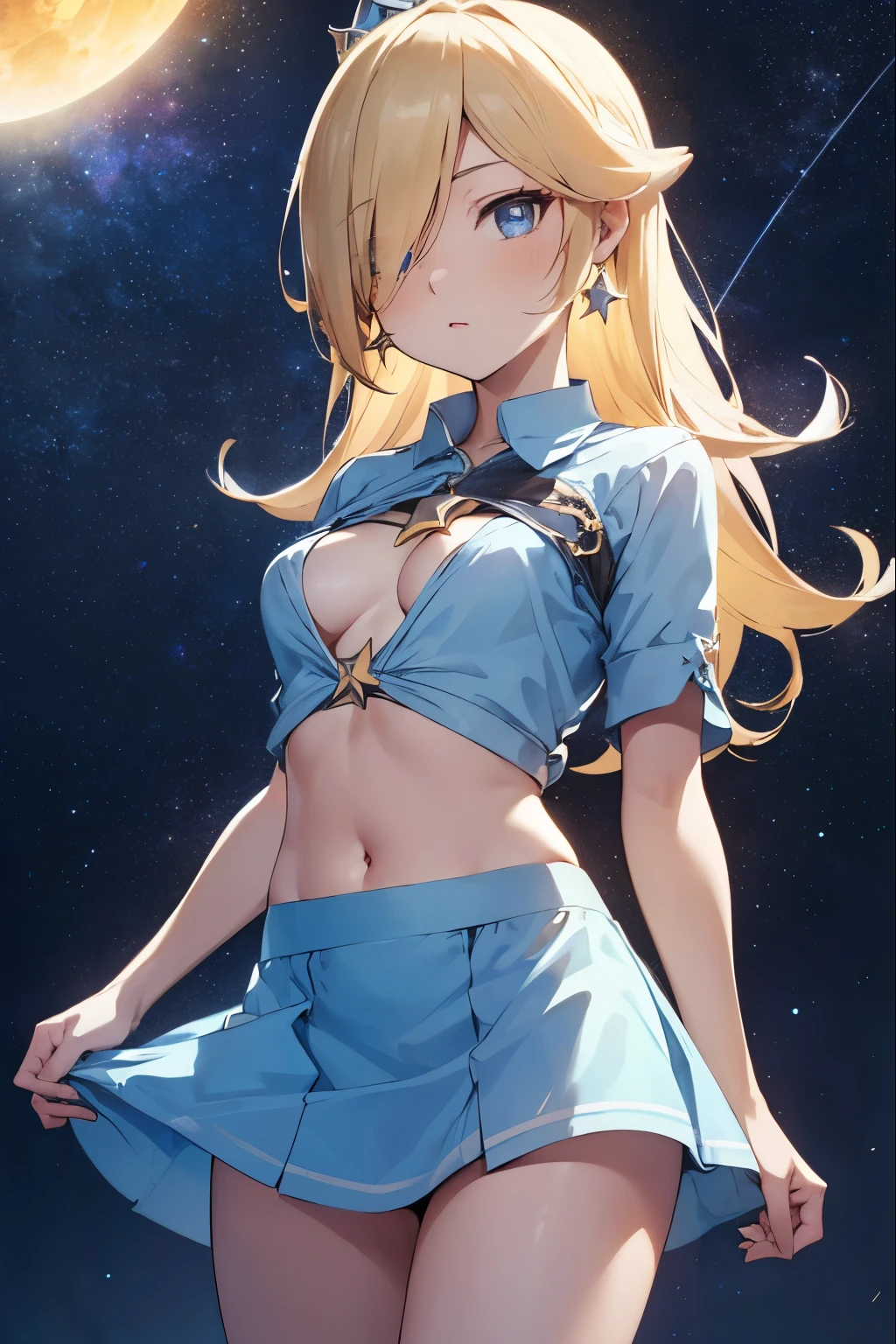 Rosalina, very short clothes, sensual clothes, blonde hair, blue eyes, hair over one eye, long hair, small breasts, microskirt, light blue miniskirt, lower part of the breasts exposed, blouse lifted showing part of the breasts, belly exposed, crown, earrings, jewelry, princess, star earrings, BREAK night, night sky, sky, star\ (sky\), star \(symbol\), space, sun, BREAK looking at the viewer, (cowboy photo: 1.5), BREAK (art: 1.2), best quality, high resolution, 8k unity wallpaper, (art: 0.8), (beautiful detailed eyes: 1.6), extremely detailed face, perfect lighting, extremely detailed CG, (perfect hands, anatomy perfect),