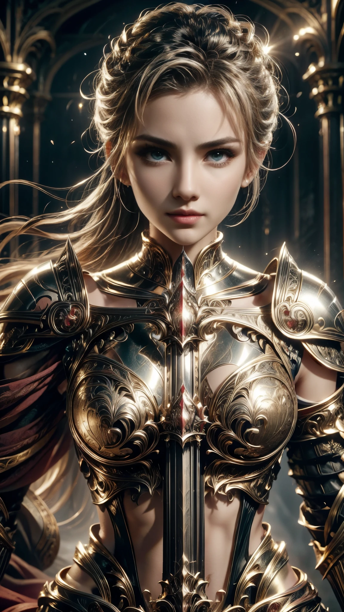 (RAW shooting:1.5, Photoreal:1.5, 8k, highest quality, masterpiece, ultra high resolution), medieval europe, world of magic and swords, perfect dynamic composition:1.2, Mysterious:1.3, Highly detailed skin and facial textures:1.3, cute and sexy slim female warrior, beautiful and aesthetic:1.2, cute and sexy beauty, perfect style:1.1, Grasp the great sword with both hands:1.3, wear elaborate rings, fire, water, Wind, thunder, ice, Fair skin, very beautiful face, (Medium chest, Chest gap), (embarrassing smile, The expression on your face when you feel intense caress, Facial expression when feeling pleasure), (Shiny sexy gold metallic armor:1.1, off shoulder, Navel exposure), (beautiful blue eyes, Eyes that feel beautiful eros:0.8), (Too erotic:0.9, Bewitching:0.9), full body shot, Ancient castle in the background