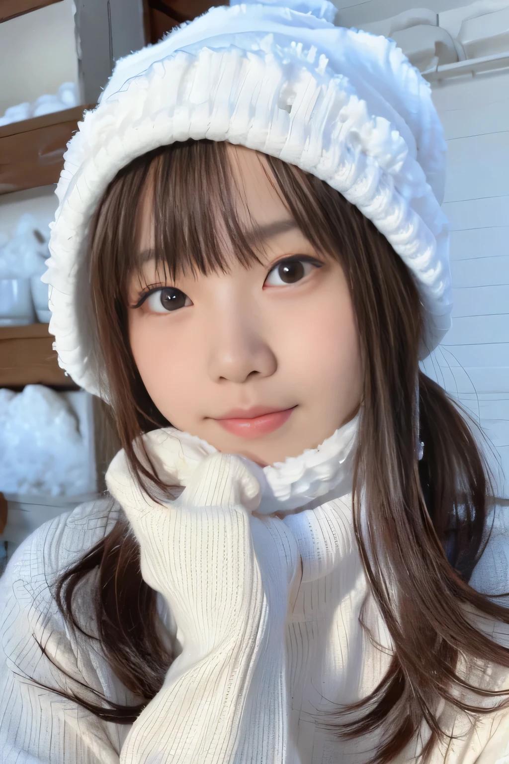 highest quality,4k、masterpiece:1.3,very detailed,human skin、 natural skin texture、 Natural light、,japanese girl,20-year-old、,cute face,、small face、real face、knit hat、white muffler、medium long、Natural light、natural shadow、)、(falling snow:1.3)、(reflecting the light of the snow:1.2)、gloves