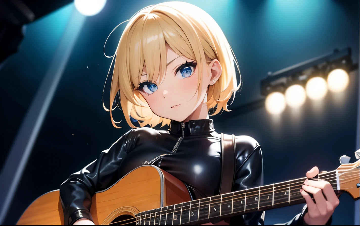 High resolution, 2D anime style,,blue eyes beautiful eyes,high and beautiful nose,thin face,blonde boyish short hair,cool adult woman,chest is a little big,She looks very happy,bite&#39;lips, she was very angry, she narrows her eyes,Punk fashion that shows cleavage,she is wearing a leather jacket and shorts.,have a guitar,i play the guitar,sing,Inside the studio
