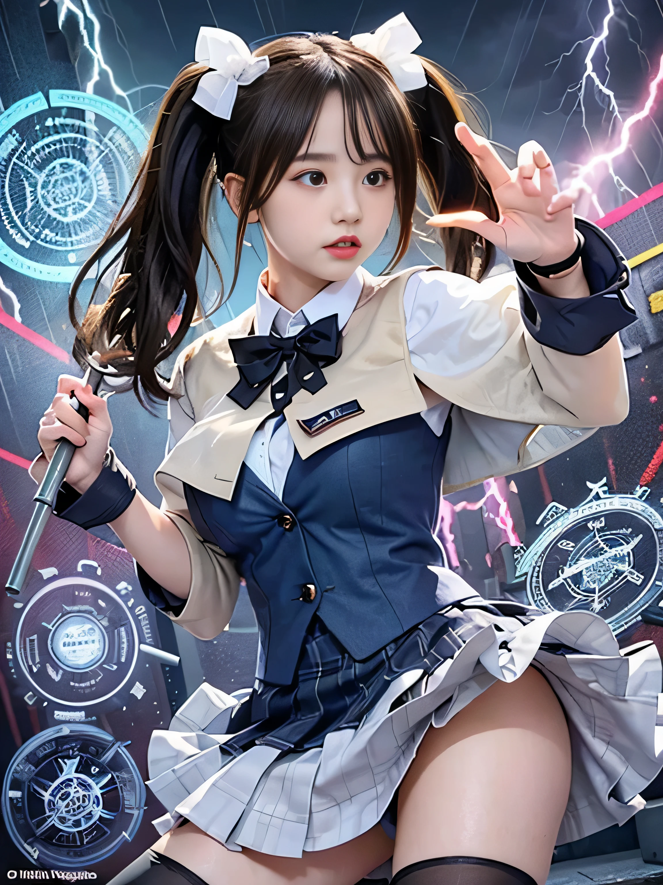 (RAW image quality:1.4)、highest quality、masterpiece、ultra high resolution、(Photoreal:1.4)、RAW photo、Detailed CG image quality、cyber punk、beautiful face、(1 Magical Girl)、16 years old, (black hair with twin tails:1.4), (white ribbon in hair), (platinum silver accessories:1.4)、(white school uniform:1.4)、(big breasts thin waist)、(purple eyes:1.3), (The power of shining eyes:1.2), (There is a white wizard&#39;cane:1.4), ((A ball of strong blue-white light emitted from a staff..:1.4)), (Thunder resounds from every part of my body:1.4)、detailed portrait、8K quality、bright colors、concept art、cinematic and dramatic atmosphere、sharp focus、volume lighting、movie lighting、Get studio quality、(neon lighting)、Depth of written boundary、environmental lighting、(Shallow い depth of writing)、blurred foreground、blurred background:1.3, (Rainy night:1.4), (((Severe lightning strike:1.4))), ((A huge magic circle that shines in neon blue:1.4))、Raging Heart、Random Battle Pose、white panties、