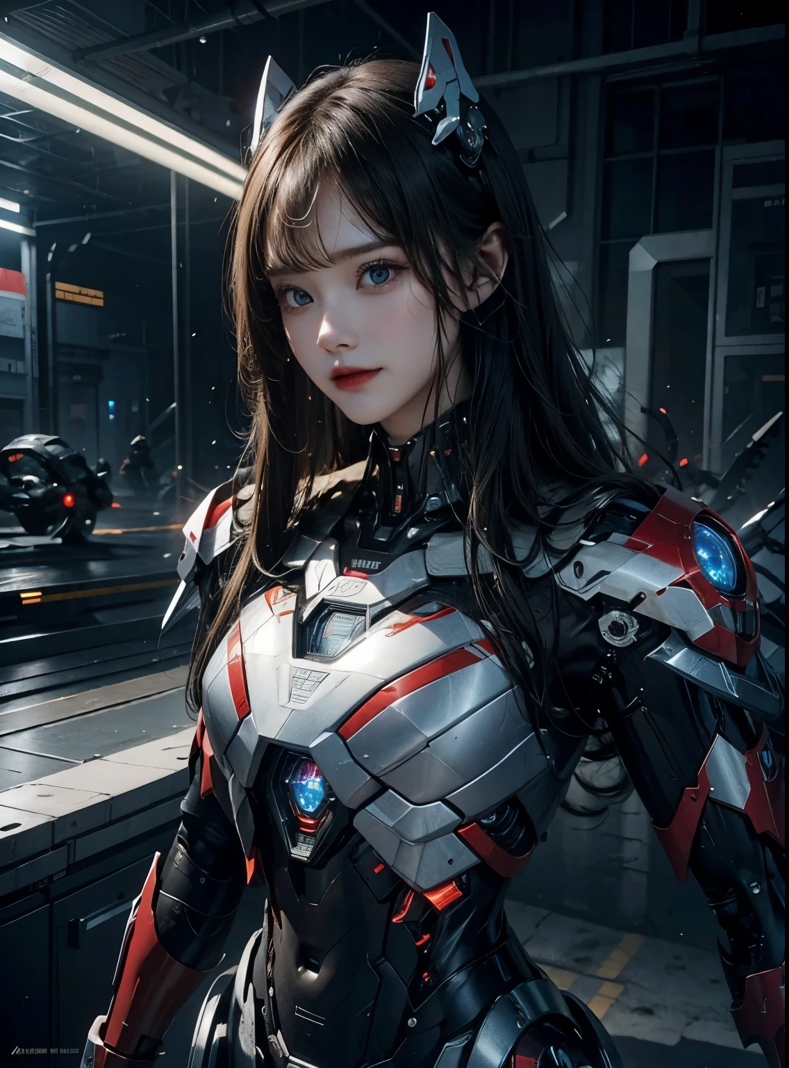 advanced details, high quality, better quality, High resolution, 1080P, hard disk, beautiful,(iron patriot),beautifulサイボーグの女性,Mechaサイボーグ ,battle mode,She wears futuristic clothes ,iron patriot,Mecha,Full body view from the front