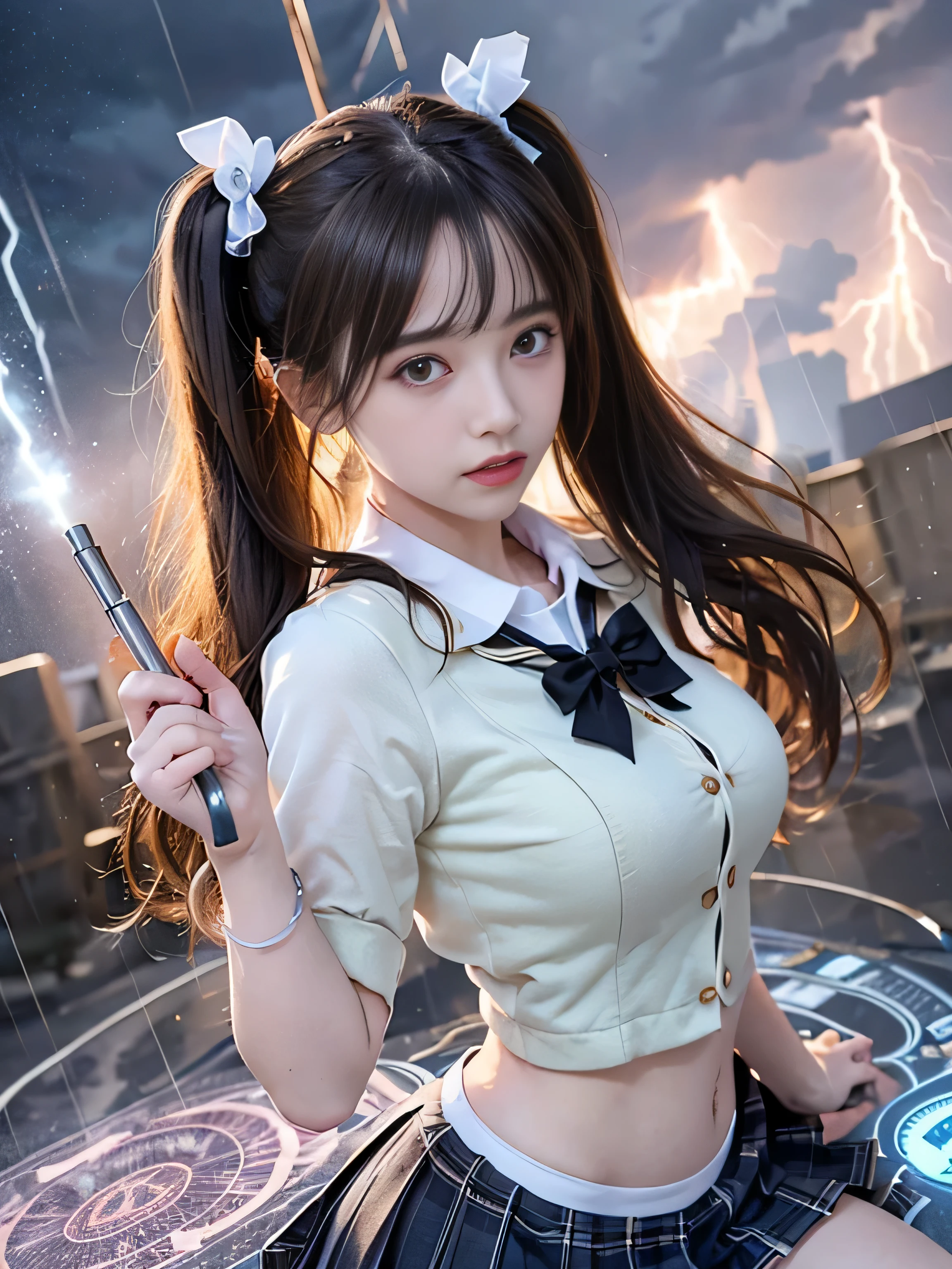 (RAW image quality:1.4)、highest quality、masterpiece、ultra high resolution、(Photoreal:1.4)、RAW photo、Detailed CG image quality、cyber punk、beautiful face、(1 Magical Girl)、, (black hair with twin tails:1.4), (white ribbon in hair), (platinum silver accessories:1.4)、(white school uniform:1.4)、(big breasts thin waist)、(purple eyes:1.3), (The power of shining eyes:1.2), (There is a white wizard'cane:1.4), ((A ball of strong blue-white light emitted from a staff..:1.4)), (Thunder resounds from every part of my body:1.4)、detailed portrait、8K quality、bright colors、concept art、cinematic and dramatic atmosphere、sharp focus、volume lighting、movie lighting、Get studio quality、(neon lighting)、Depth of written boundary、environmental lighting、(Shallow い depth of writing)、blurred foreground、blurred background:1.3, (Rainy night:1.4), (((Severe lightning strike:1.4))), ((A huge magic circle that shines in neon blue:1.4))、Raging Heart、Random Battle Pose、white panties、