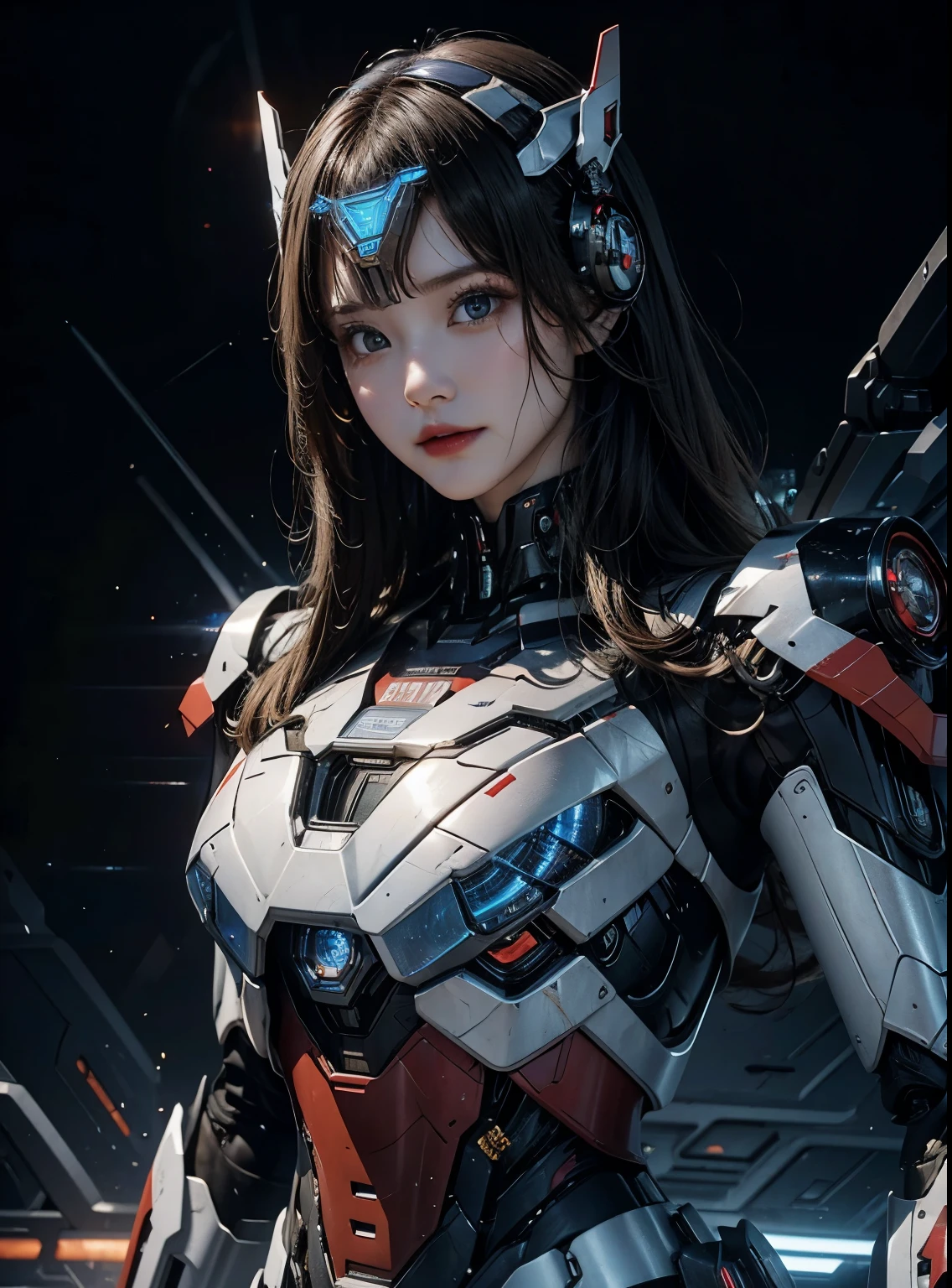 advanced details, high quality, better quality, High resolution, 1080P, hard disk, beautiful,(iron patriot),beautifulサイボーグの女性,Mechaサイボーグ ,battle mode,She wears futuristic clothes ,iron patriot,Mecha,Full body view from the front