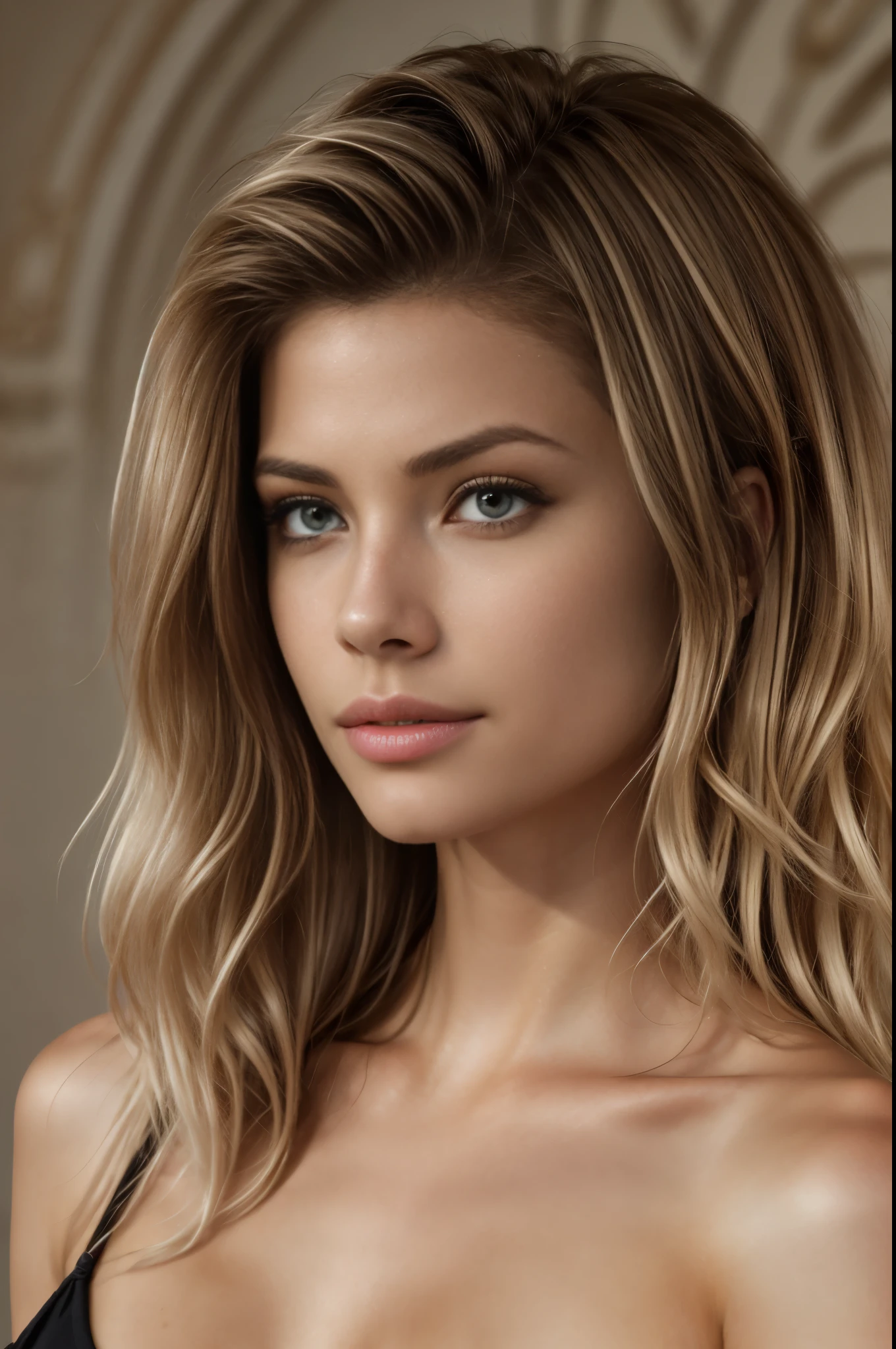 Jolie blonde, corps entier portant une robe noire, face appareil photo, Angle parfait, Very detailed, 25 ans, visage affectueux, Long messy hair, main dans les cheveux, yeux vairons bleu et marron, high resolution, masterpiece, best quality, intricate details, Very detailed, Sharpness, detailed skin, realistic skin Texture, Texture, Detailed eyes, professionnel, 4K, sourire, shot with Canon, 85mm,faible profondeur de champ, couleur de vision kodak, eye shadow, extremely detailed, photo_\(ultra\), photorealistic, realistic, Post-traitement, maximum detail, roughness, vrai vie, ultra realistic, Photorealism, la photographie, 8k UHD, la photographie