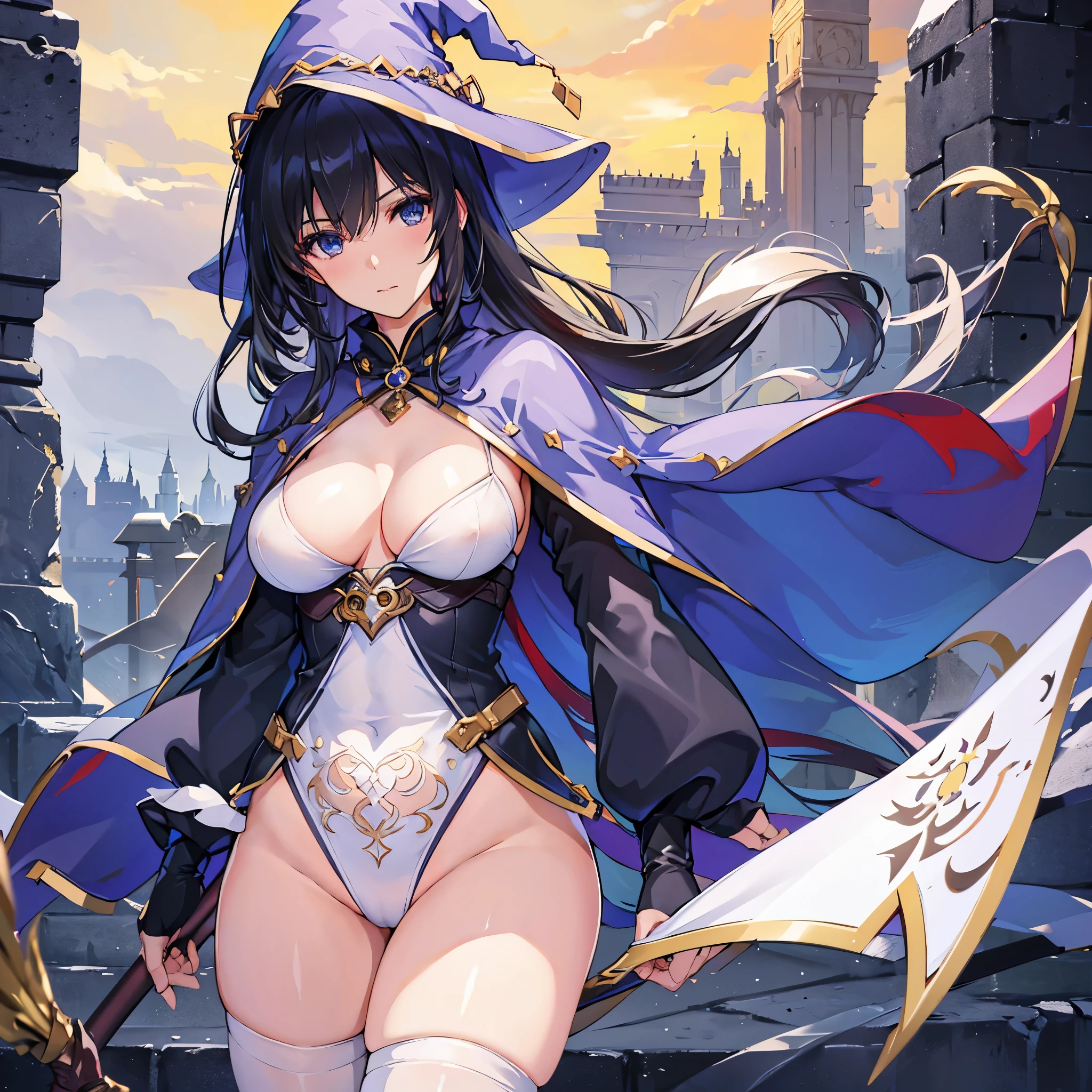 (highest quality, In 4K, 8k, High resolution, pieces fly:1.2),Super detailed,mature woman,,master piece, highest quality, super fine,maximum resolution, very detailed, sexy,beautiful eyes,nice&beauty,(witch,white leotard,bottomless, mage,thigh high socks,big breasts,cape,high-leg,)),braided hair,seductive thighs,code,black long hair,In a medieval castle,wind