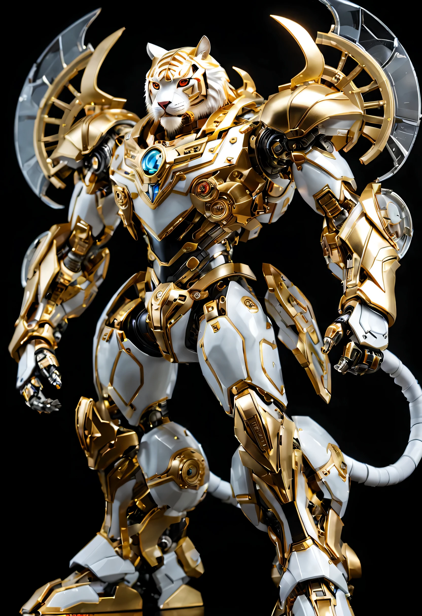 (full-body shot:1.5), (full view:1.5), personification,Pure black background, A platinum tiger transparent mecha stands on the ground in a fighting posture,Exquisite white transparent glass mechanical armor, Metal mechanical mask, Precision luminous electronic eye,(The internal structure is complex and precise:1.2), Exquisite and complex golden mecha texture, (gold mechanical thread:1.2), (Well-designed, high detail, masterpiece, best quality, ultra high definition, Sharpen details, ,metallic feel),New Jersey RS