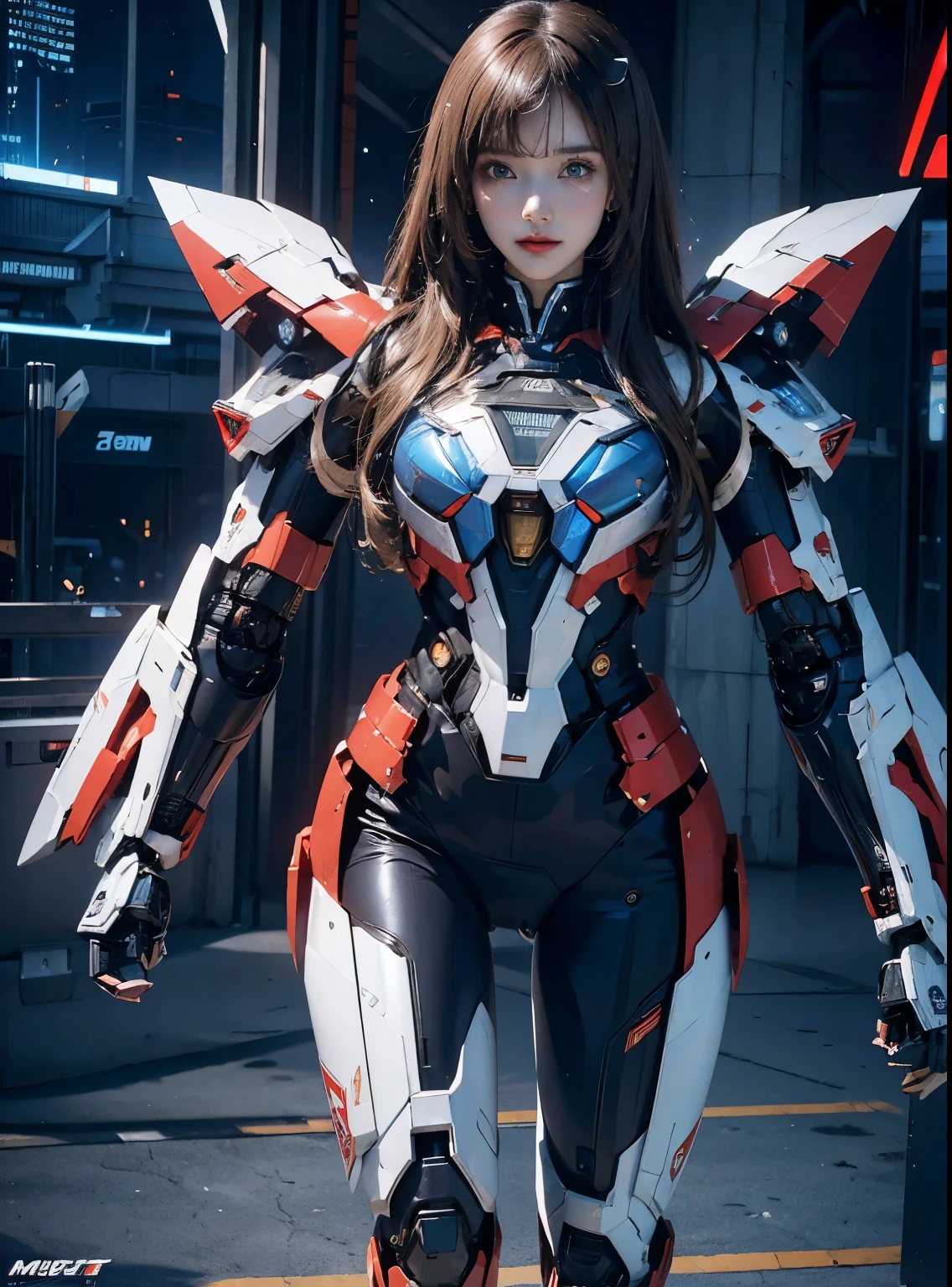 advanced details, high quality, better quality, High resolution, 1080P, hard disk, beautiful,(iron patriot),beautifulサイボーグの女性,Mechaサイボーグ ,battle mode,She wears futuristic clothes ,iron patriot,Mecha,Full body view from the front