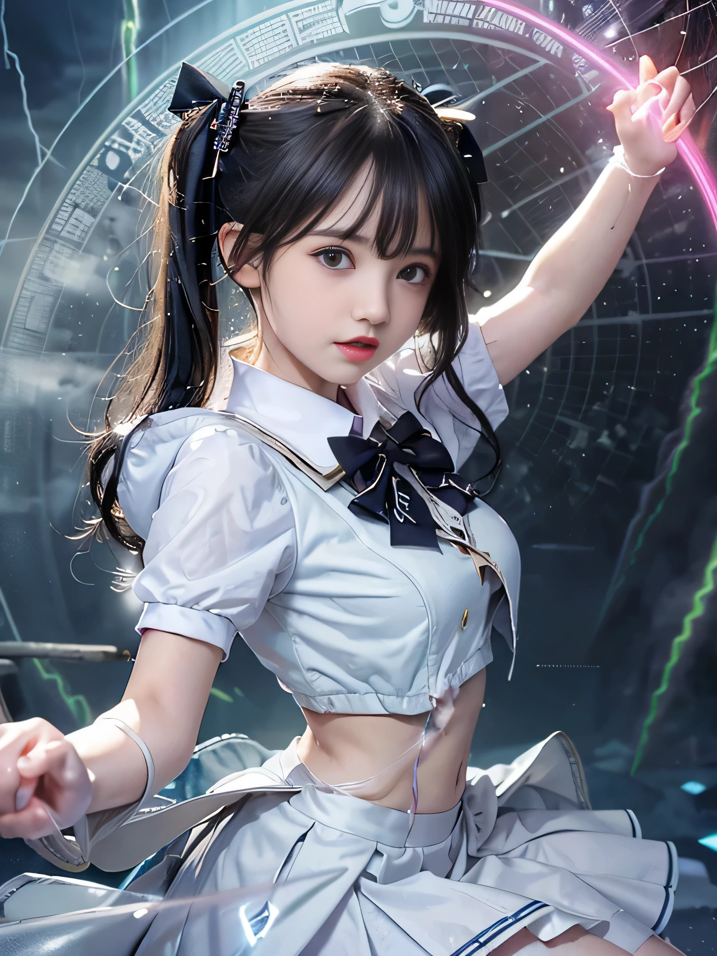 (RAW image quality:1.4)、highest quality、masterpiece、ultra high resolution、(Photoreal:1.4)、RAW photo、Detailed CG image quality、cyber punk、beautiful face、(1 Magical Girl)、16 years old, (black hair with twin tails:1.4), (white ribbon in hair), (platinum silver accessories:1.4)、(white school uniform:1.4)、(big breasts thin waist)、(purple eyes:1.3), (The power of shining eyes:1.2), (There is a white wizard&#39;cane:1.4), ((A ball of strong blue-white light emitted from a staff..:1.4)), (Thunder resounds from every part of my body:1.4)、detailed portrait、8K quality、bright colors、concept art、cinematic and dramatic atmosphere、sharp focus、volume lighting、movie lighting、Get studio quality、(neon lighting)、Depth of written boundary、environmental lighting、(Shallow い depth of writing)、blurred foreground、blurred background:1.3, (Rainy night:1.4), (((Severe lightning strike:1.4))), ((A huge magic circle that shines in neon blue:1.4))、Raging Heart、Random Battle Pose、Floating skirt、white panties、