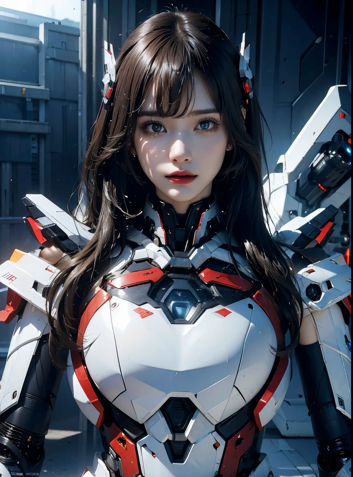 advanced details, high quality, better quality, High resolution, 1080P, hard disk, beautiful,(iron patriot),beautifulサイボーグの女性,Mechaサイボーグ ,battle mode,She wears futuristic clothes ,iron patriot,Mecha,Full body view from the front