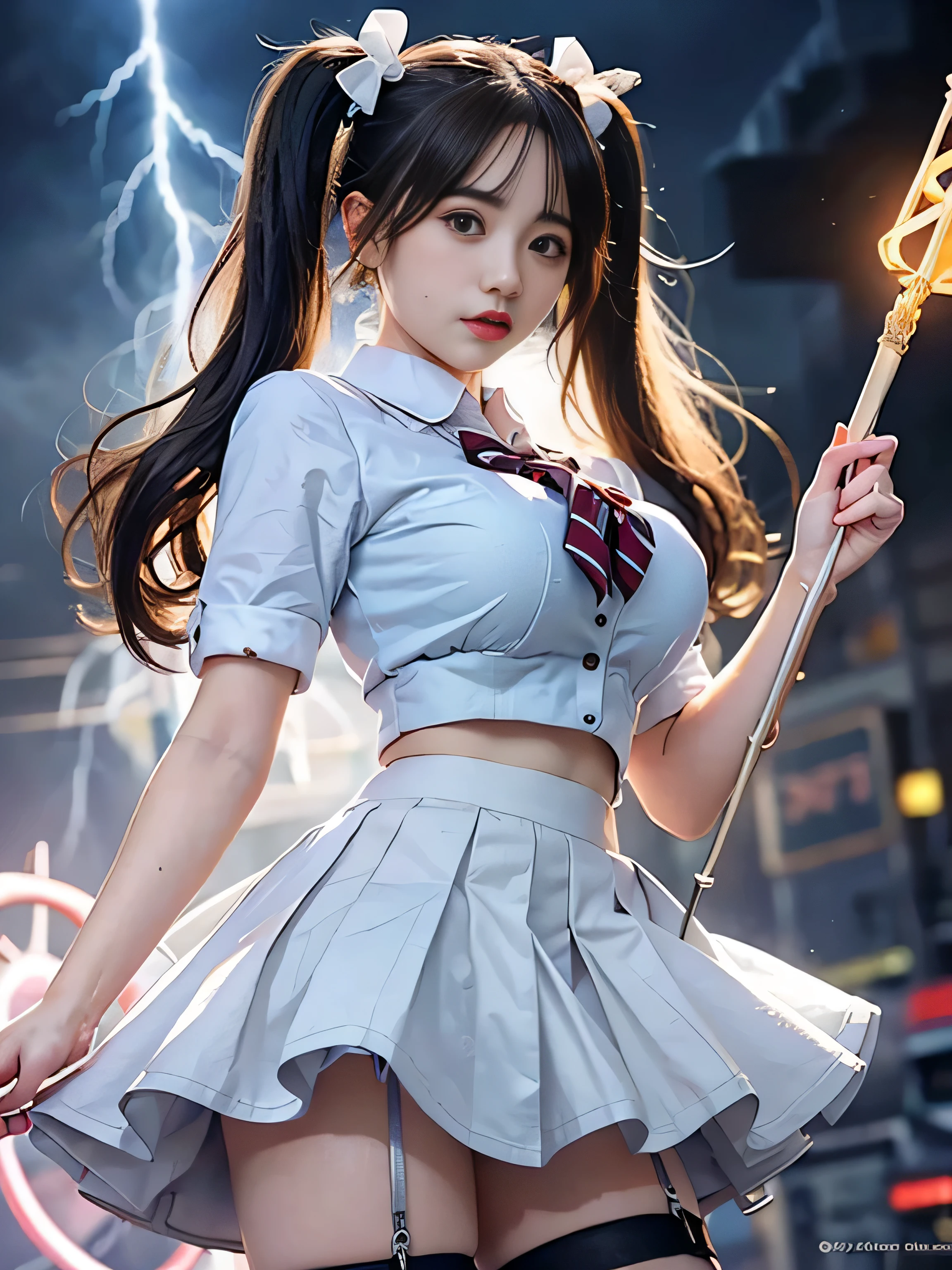 (RAW image quality:1.4)、highest quality、masterpiece、ultra high resolution、(Photoreal:1.4)、RAW photo、Detailed CG image quality、cyber punk、beautiful face、(1 Magical Girl)、16 years old, (black hair with twin tails:1.4), (white ribbon in hair), (platinum silver accessories:1.4)、(white school uniform:1.4)、(big breasts thin waist)、(purple eyes:1.3), (The power of shining eyes:1.2), (There is a white wizard&#39;cane:1.4), ((A ball of strong blue-white light emitted from a staff..:1.4)), (Thunder resounds from every part of my body:1.4)、detailed portrait、8K quality、bright colors、concept art、cinematic and dramatic atmosphere、sharp focus、volume lighting、movie lighting、Get studio quality、(neon lighting)、Depth of written boundary、environmental lighting、(Shallow い depth of writing)、blurred foreground、blurred background:1.3, (Rainy night:1.4), (((Severe lightning strike:1.4))), ((A huge magic circle that shines in neon blue:1.4))、Raging Heart、Random Battle Pose、Floating skirt、white panties、