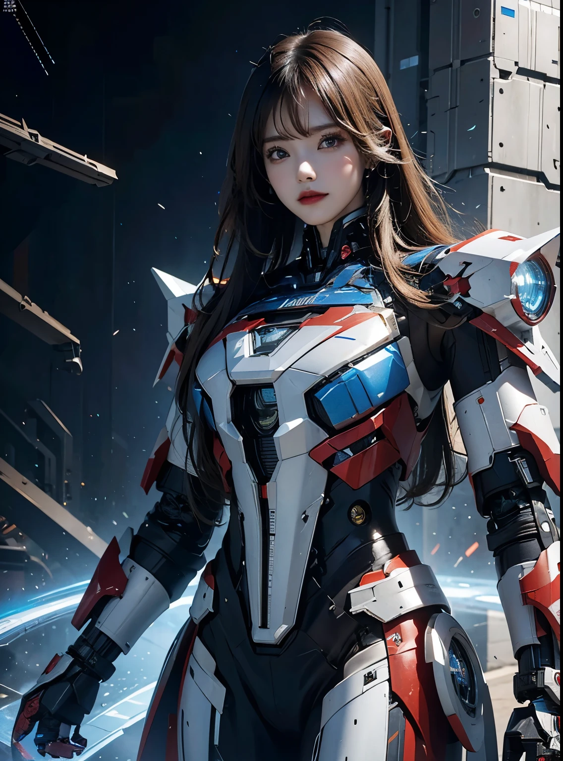 advanced details, high quality, better quality, High resolution, 1080P, hard disk, beautiful,(iron patriot),beautifulサイボーグの女性,Mechaサイボーグ ,battle mode,She wears futuristic clothes ,iron patriot,Mecha,Full body view from the front