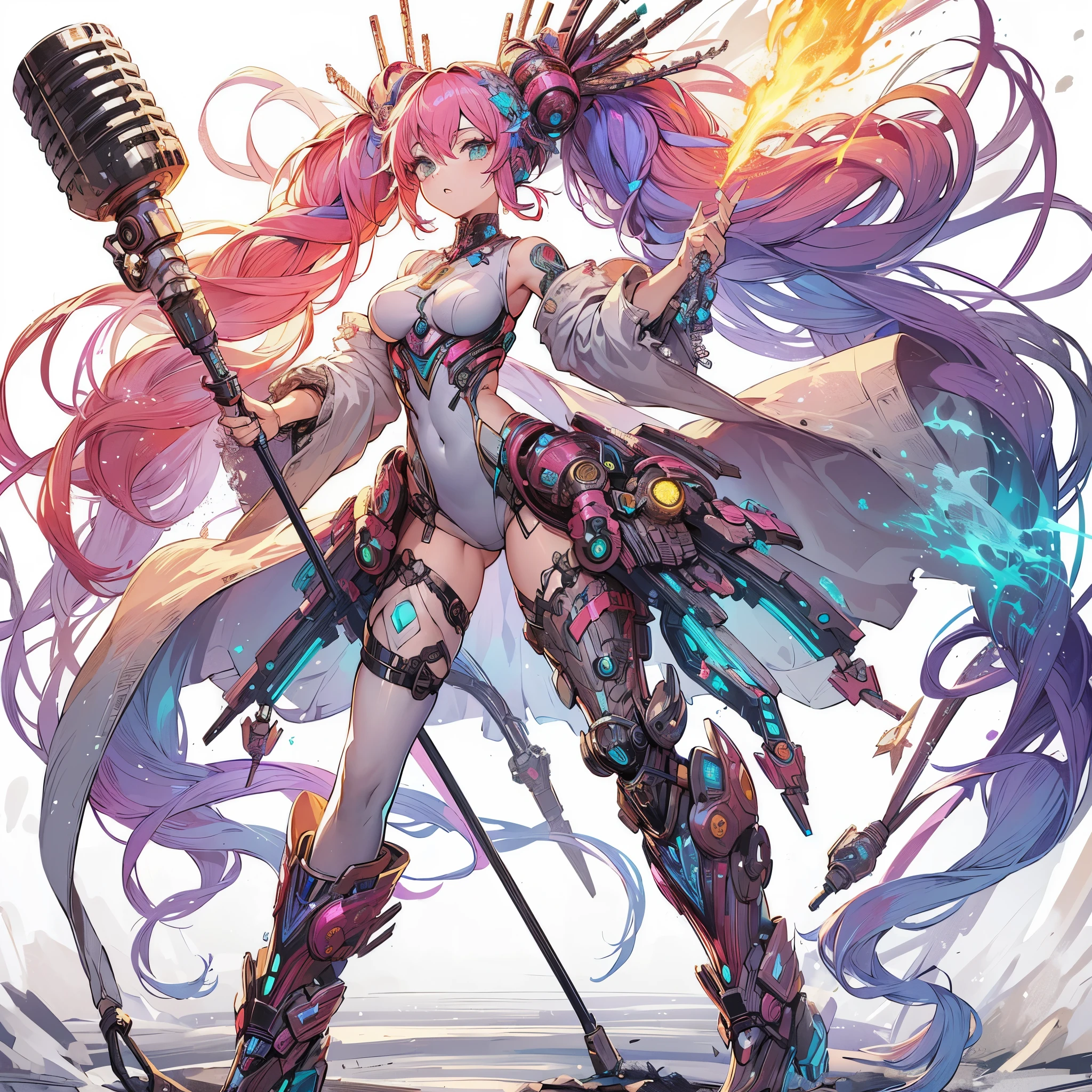 (Masterpiece, top quality), (perfect athlete body: 1.2), (detailed hair), ultra detailed, anime style, full body, solo, Cyberpunk magical girl, colorful hair in a single braid, armored magical diva outfit, raise up mechanical microphone weapon, wearing hi-tech boots, standing wasteland, white background, whole body, supernatural flame and Lightning,