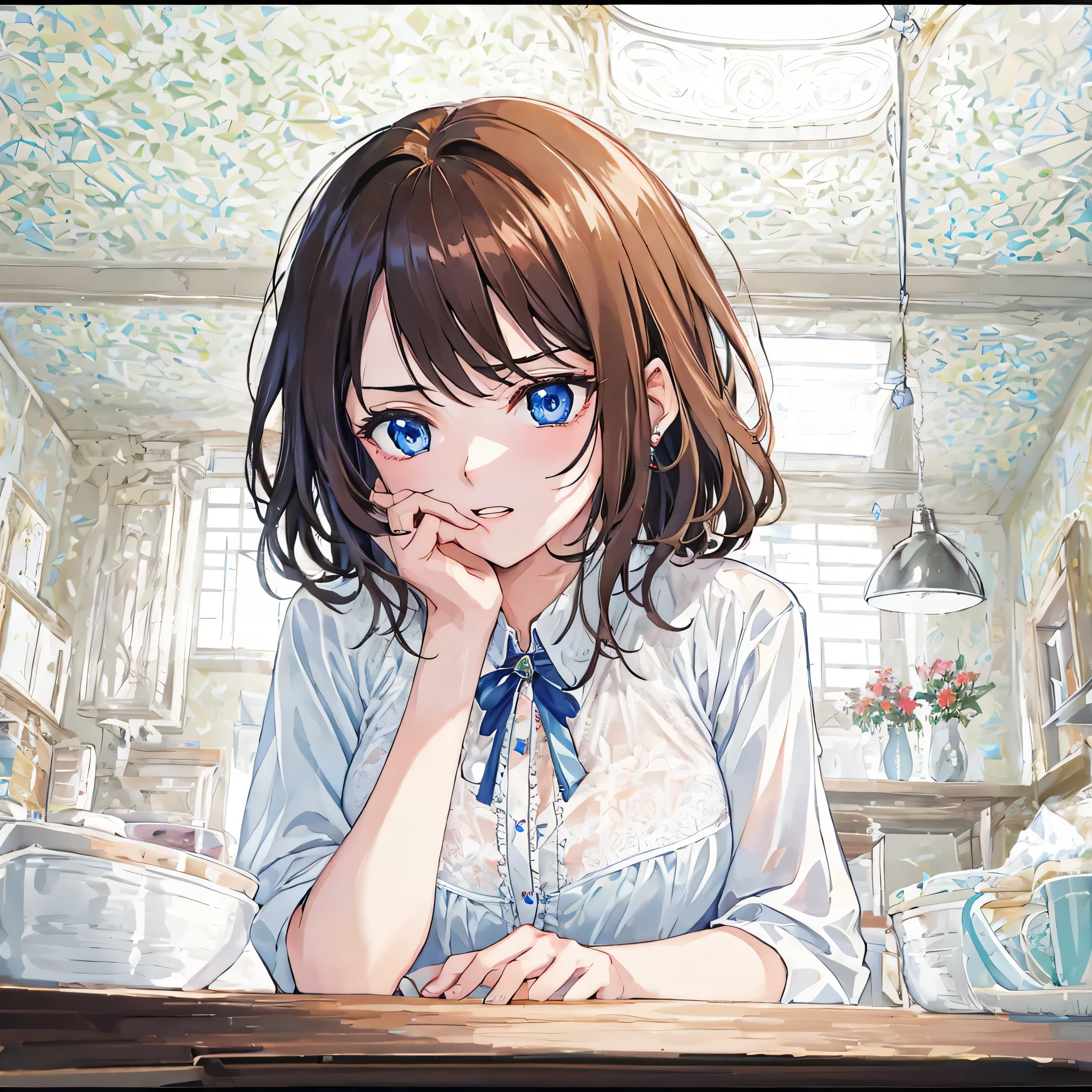 ((masterpiece,highest quality)), highest quality,blue eyes,slanted eyes,super dense skin,,thin and beautiful eyes,highlight,茶hair, high school girl,hair, Life,look away,Bad mood,polish,breast enhancement,blouse,high school girl,middle chest,You can see the kitchen,