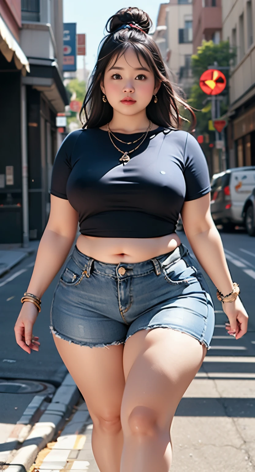 ((best quality)), ((masterpiece)), (detailed), perfect face, araffe woman in a dark-blue shirt and blue denim skirt walking down a street, thicc, she has a jiggly fat round belly, bbwchan, wearing tight simple clothes, skinny waist and thick hips, widest hips, her belly is fat and round, soft curvy shape, hyperrealistic full figure, wearing a cute top, wide hips, wearing 10 bracelet , wearing huge diamond necklace