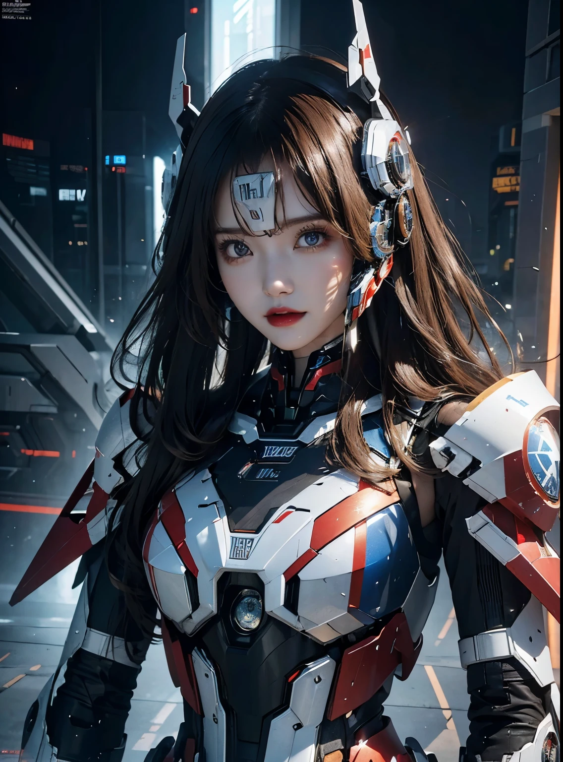 advanced details, high quality, better quality, High resolution, 1080P, hard disk, beautiful,(iron patriot),beautifulサイボーグの女性,Mechaサイボーグ ,battle mode,She wears futuristic clothes ,iron patriot,Mecha,Full body view from the front