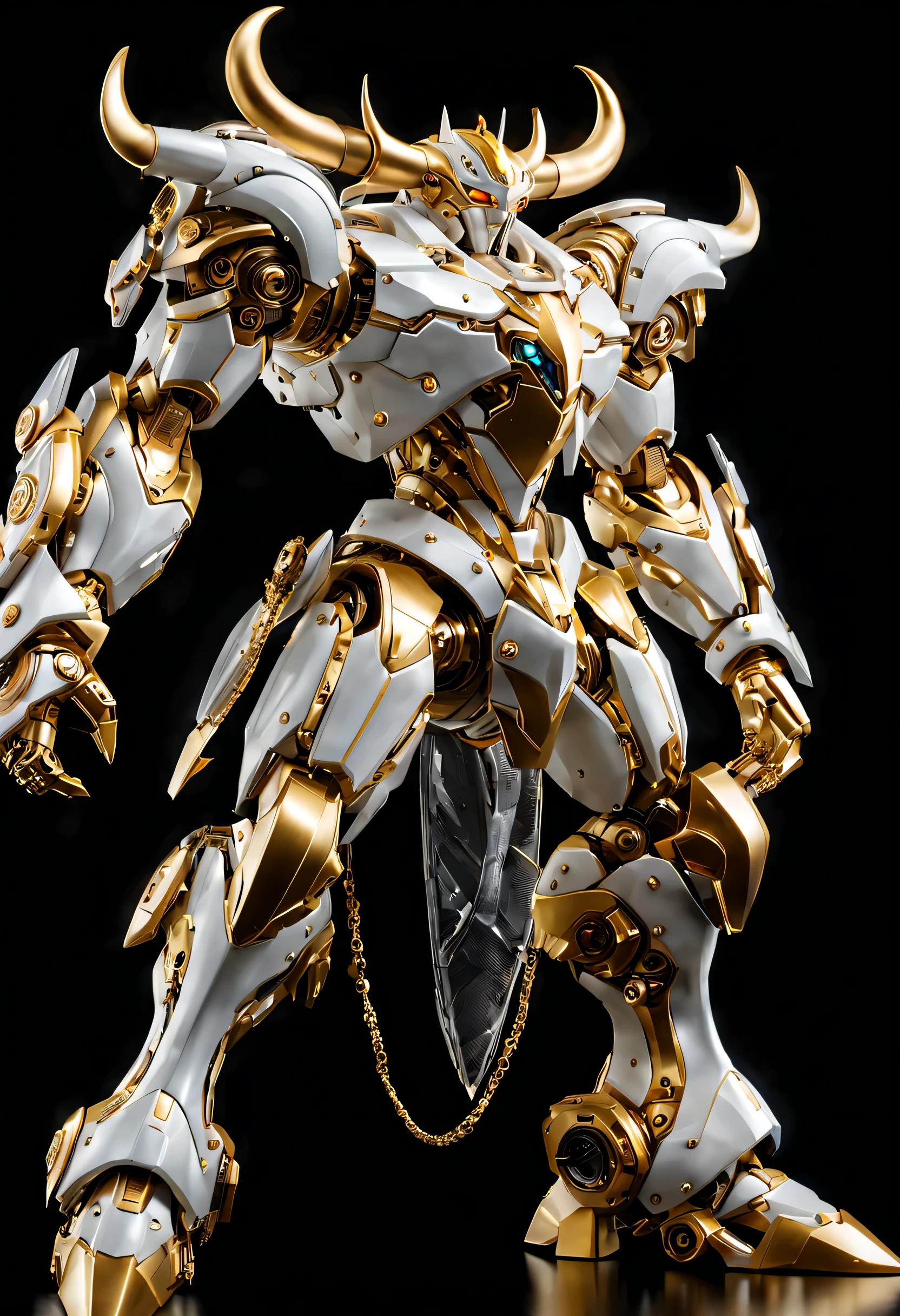 (full-body shot:1.5), (full view:1.5), personification,Pure black background, A platinum bull transparent mecha stands on the ground，Get into a fighting stance,Exquisite white transparent glass mechanical armor, Metal mechanical mask, Precision luminous electronic eye,(The internal structure is complex and precise:1.2), Exquisite and complex golden mecha texture, (gold mechanical thread:1.2), (Well-designed, high detail, masterpiece, best quality, ultra high definition, Sharpen details, ,metallic feel),New Jersey RS