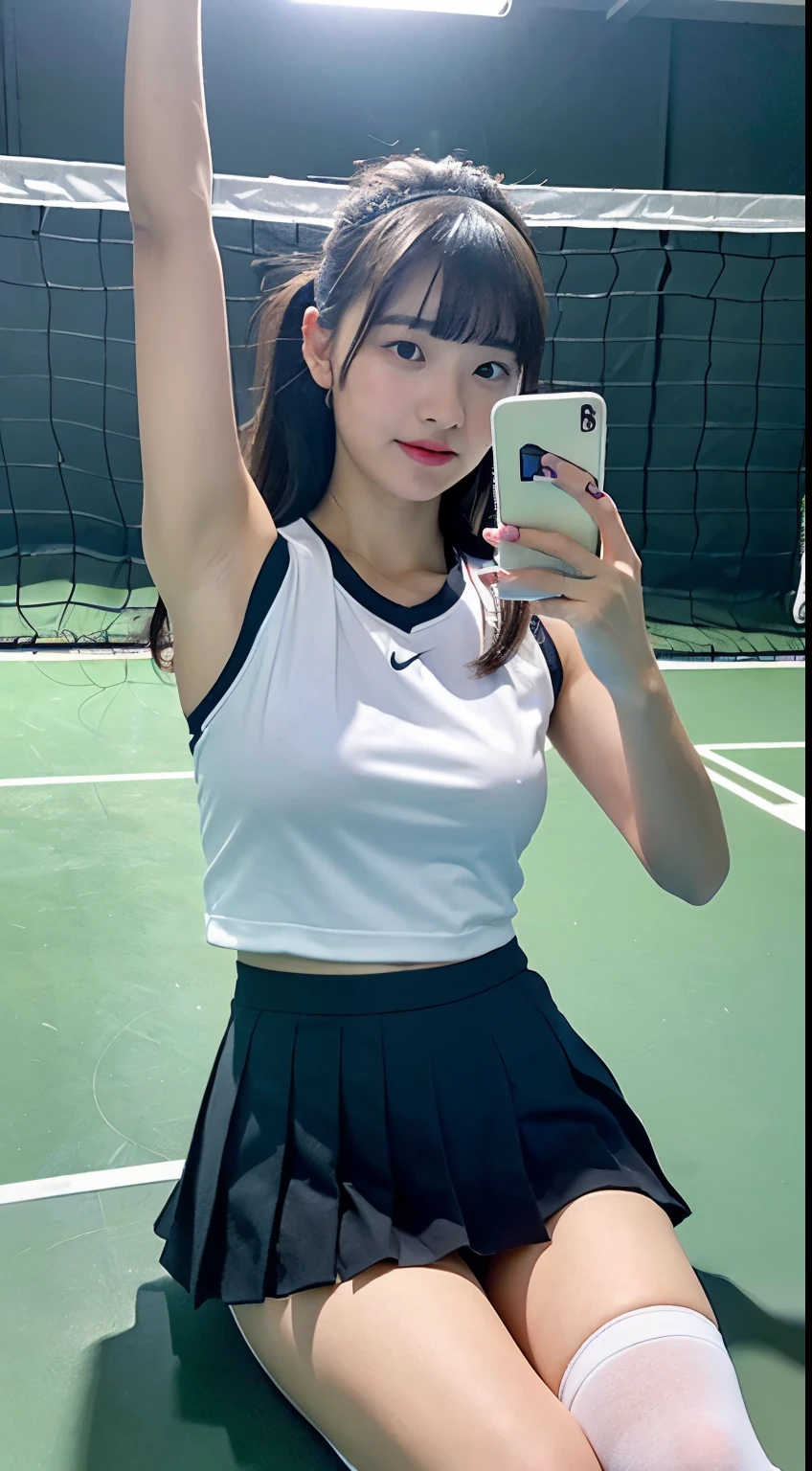 ((realistic lighting, highest quality, 8K, masterpiece, medium shot: 1.3)), clear focus: 1.2, 1 girl, perfect figure: 1.4, plump bust,((long black hair)),((With bangs)),(tennis wear: 1.4), in the gym changing room, sitting on a chair,white ankle-length socks,white sneakers,super fine face, fine eyes, double eyelid,(white pleated mini skirt), (open legs;1.8),doing physical education sitting,holding one knee、white panties exposed,He has a black smartphone in his right hand.,Taking a selfie with his arm outstretched holding his smartphone,Your face is hidden by your smartphone,left hand is on the floor
