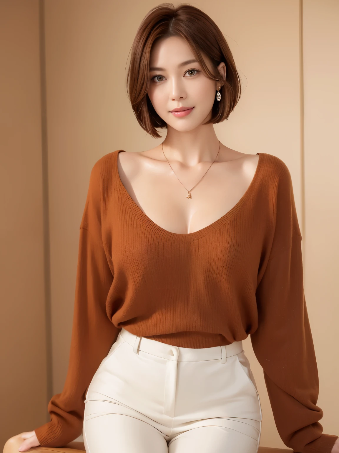 one mature woman、38 years old、Japanese,looking at the viewer,(brown sweater),(white wool pants),（真珠のnecklaceを着けている）、 shiny face,shiny skin,shortcut,necklace,earrings,normal sized breasts,black hair,red mouth,clavicle,beautiful fingers,full body portrait,  short hair, bob cut, 8k, super detail, best quality, textured skin, anatomically correct, masterpiece , top quality, cinematic lighting, Use perspective throughout , surrealism , ,(photorealistic:1. 3),(RAW photo) , black hair, light smile, short hair, bob cut, anaglyph, stereogram, (MILF:1), (38 years old), ((Close:0.5)), glare, double eyelids, lip gloss, (smile:1), ((eyes closed:0.85)), red mouth, collar bone, ((looking at viewer)), (short auburn hair wet and shiny), (full body in view) , Slightly thicker body shape , wide-eyed eyes , perfectly round eyes , fine texture 