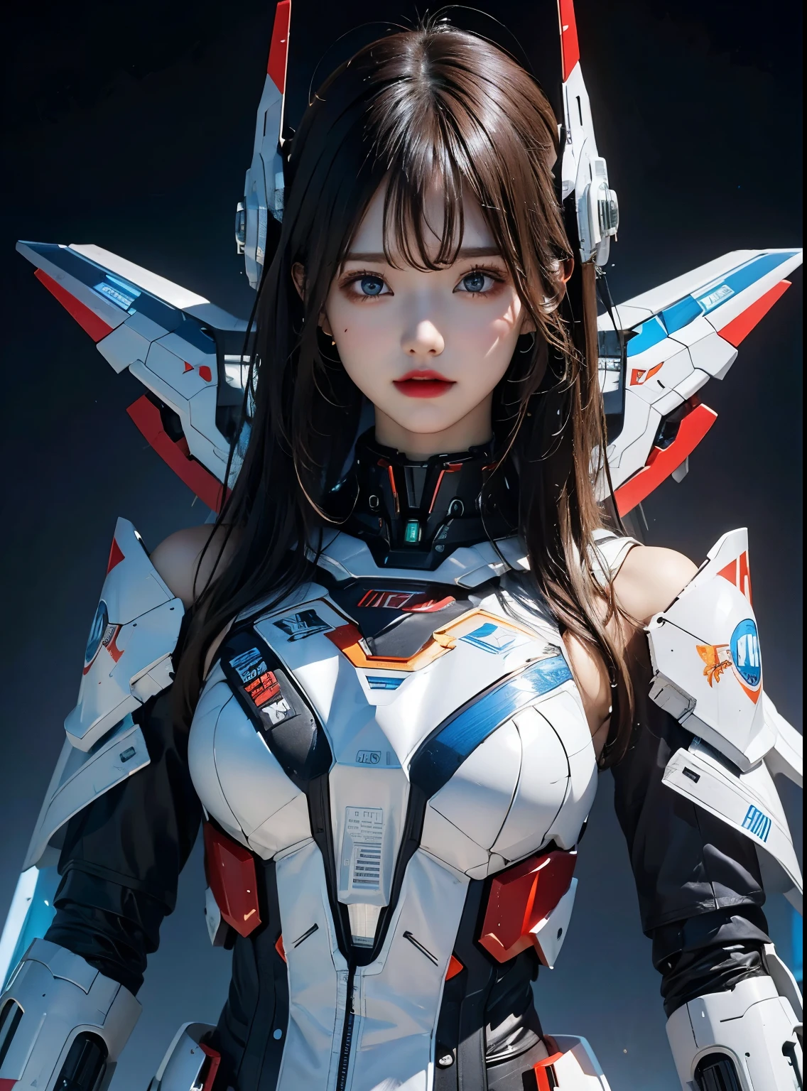 advanced details, high quality, better quality, High resolution, 1080P, hard disk, beautiful,(iron patriot),beautifulサイボーグの女性,Mechaサイボーグ ,battle mode,She wears futuristic clothes ,iron patriot,Mecha,Full body view from the front