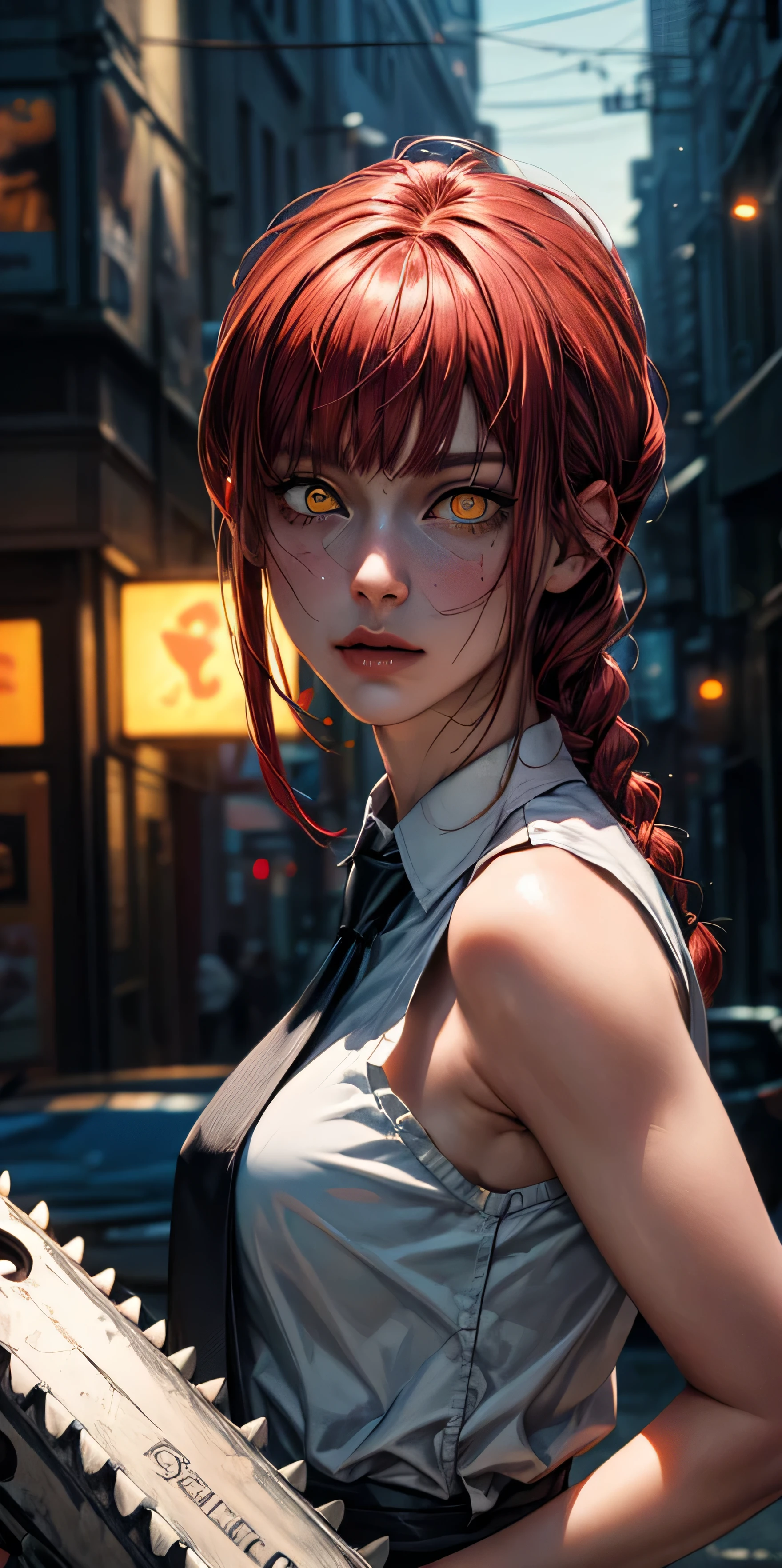 masterpiece, (photorealistic:1.4), best quality, beautiful lighting, makima \(chainsaw man\), (red hair)+(long braided hair)+(bangs), yellow eyes, golden eyes, (ringed eyes), (white shirt), (necktie),Prepare to be amazed by the astonishing level of detail in this ultra-realistic 10k high resolution artwork, where the fusion of Digital Painting, Anime Art, (masterpiece: 1.5) (photorealistic: 1.1) (bokeh) (best quality) (detailed skin texture pores hair: 1.1) (intricate) (8k) (HDR) (wallpaper) (cinematic lighting) (sharp focus )