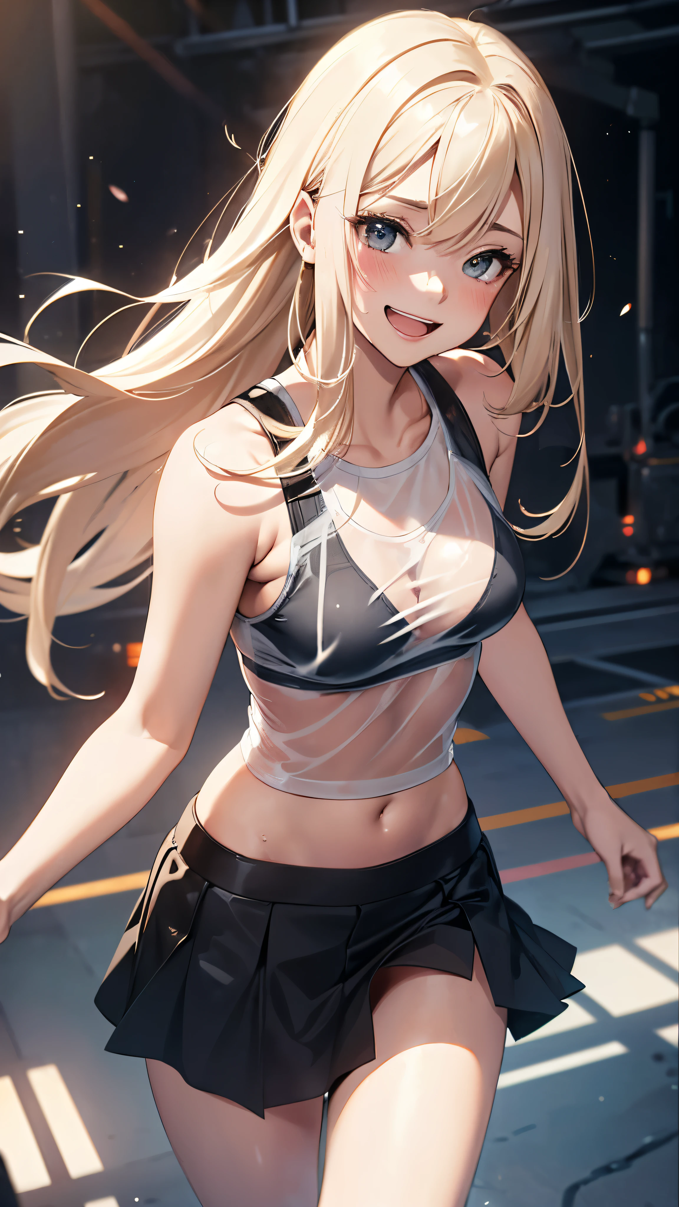 1 female,golden hair,25 years old,(((blue shiny micro tight skirt)))((white tank top))(((blush、open mouth smile)),(((straight hair))),(((portrait))),crowd,,(wet with sweat)(sexy black bra and see-through tank top)()(((small breasts)))