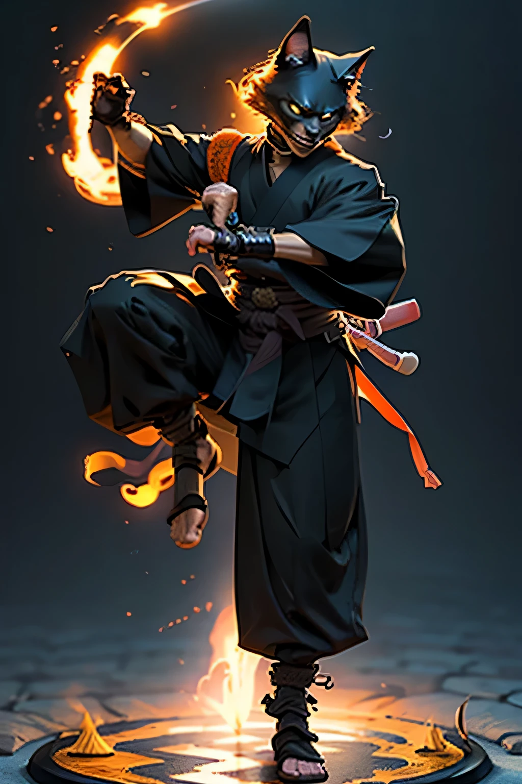 Orange cat samurai, blurred background, dynamic pose