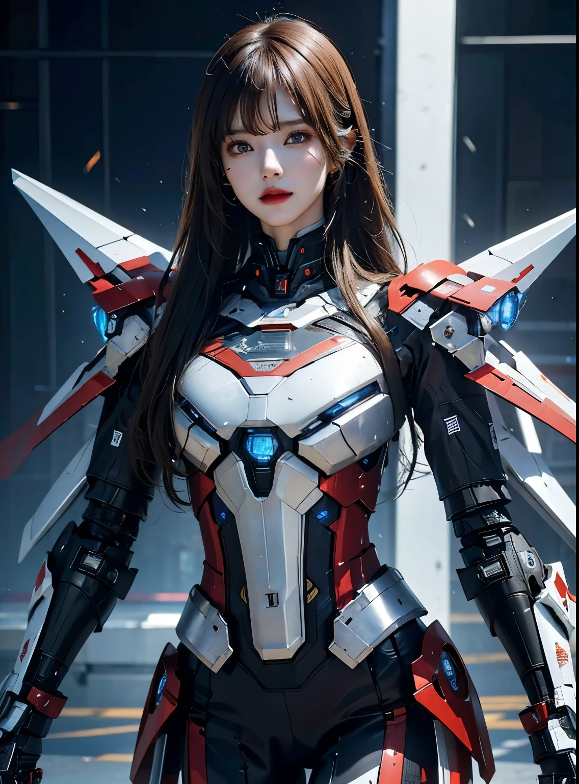 advanced details, high quality, better quality, High resolution, 1080P, hard disk, beautiful,(iron patriot),beautifulサイボーグの女性,Mechaサイボーグ ,battle mode,She wears futuristic clothes ,iron patriot,Mecha,Full body view from the front